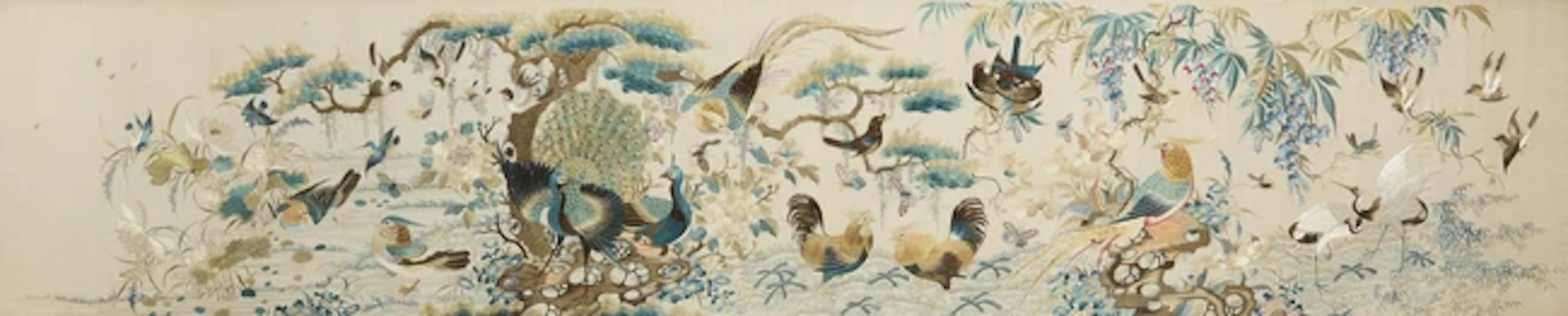 A Chinese silk embroidered 'hundred birds' hanging panel Qing dynasty