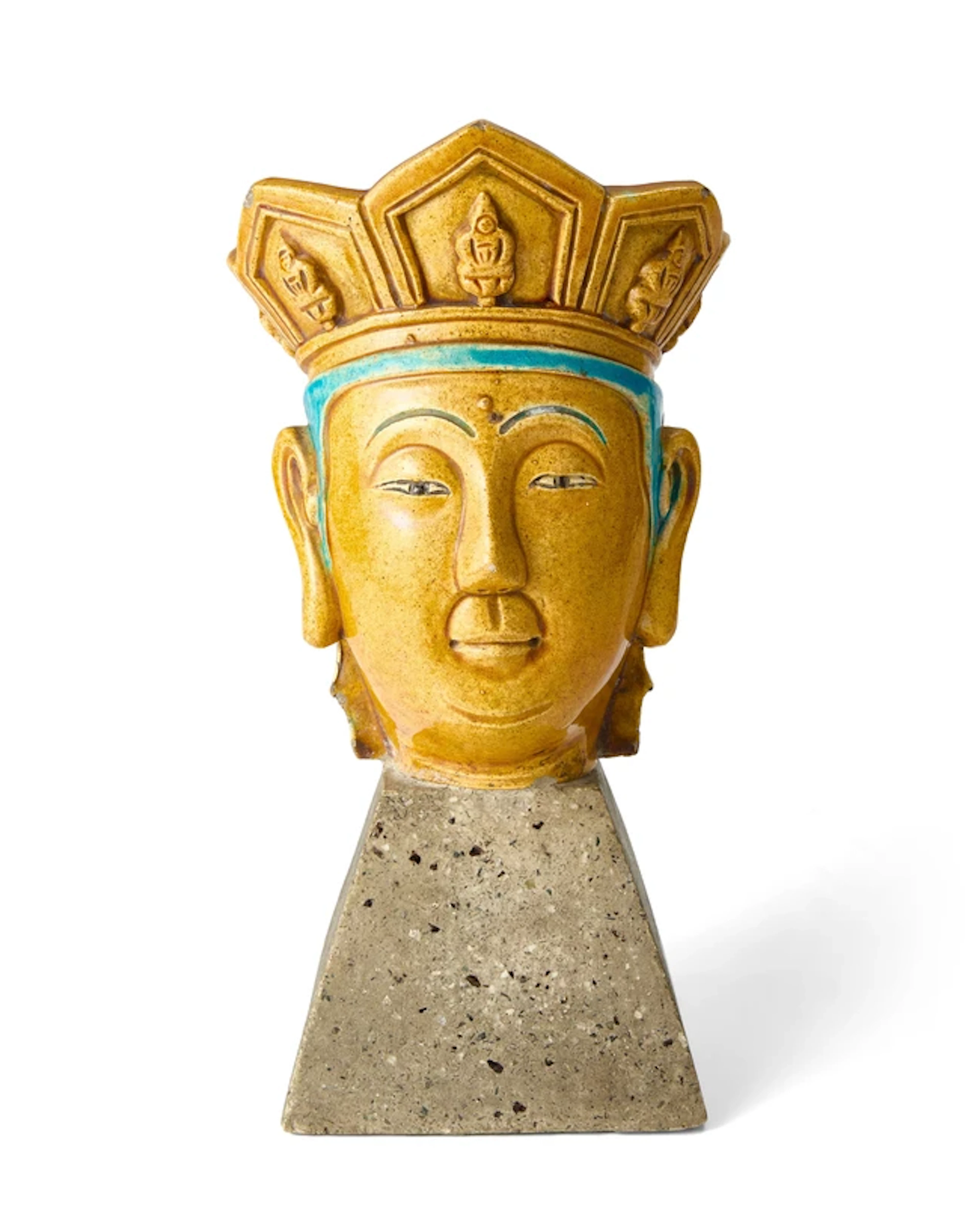 A Chinese yellow and turquoise glazed stoneware head of Vairochana Qing dynasty