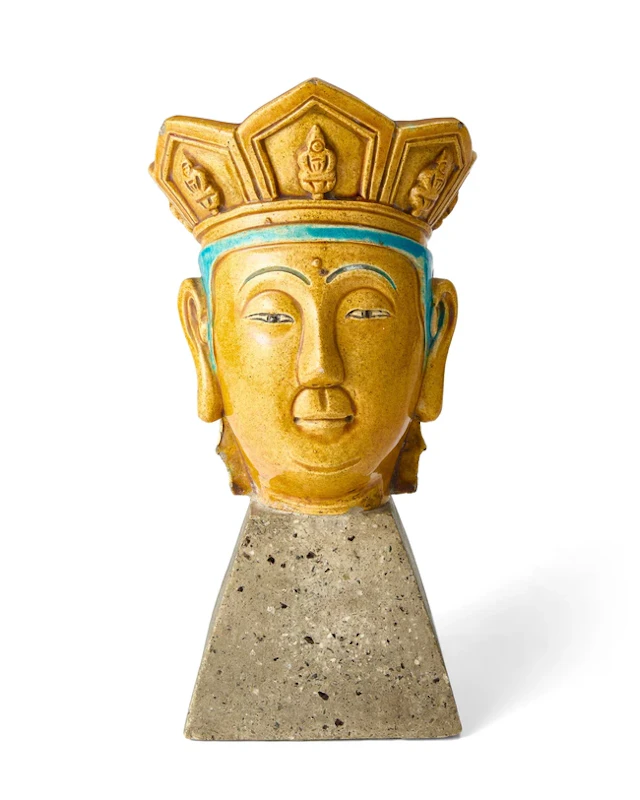 A Chinese yellow and turquoise glazed stoneware head of Vairochana Qing dynasty