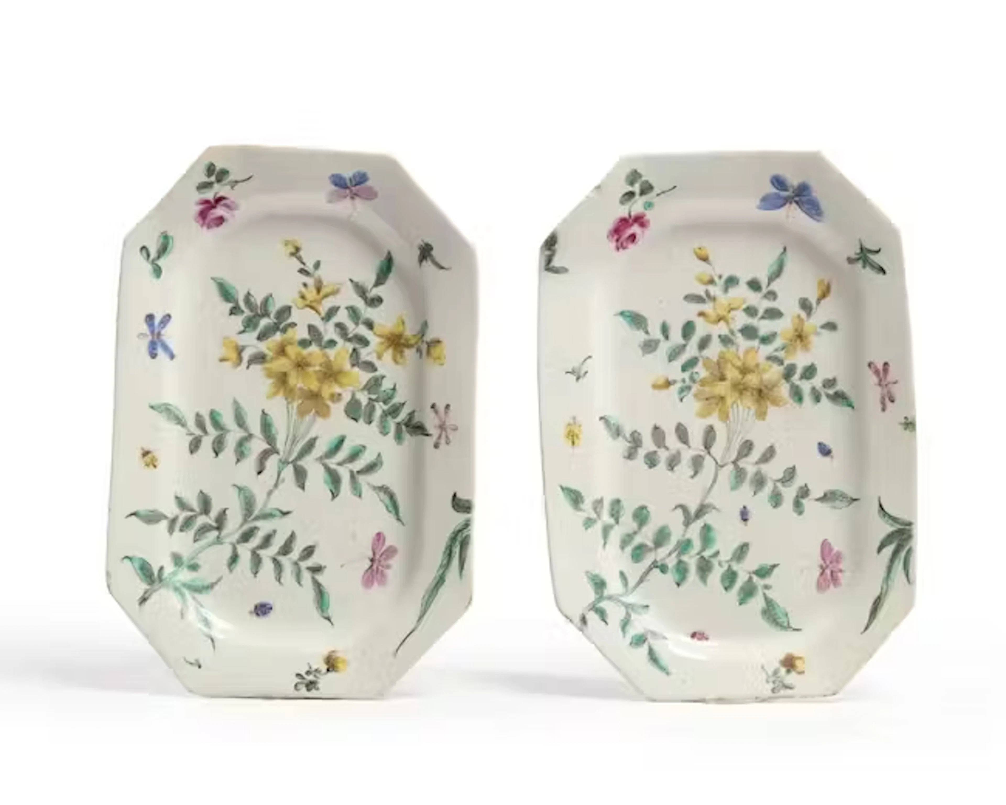 Two Bow porcelain botanical octagonal dishes