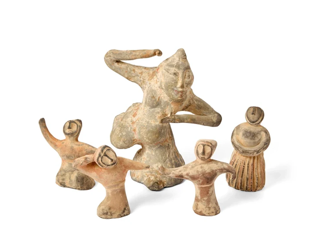 Five Chinese pottery dancing figures Zhanguo - Han...