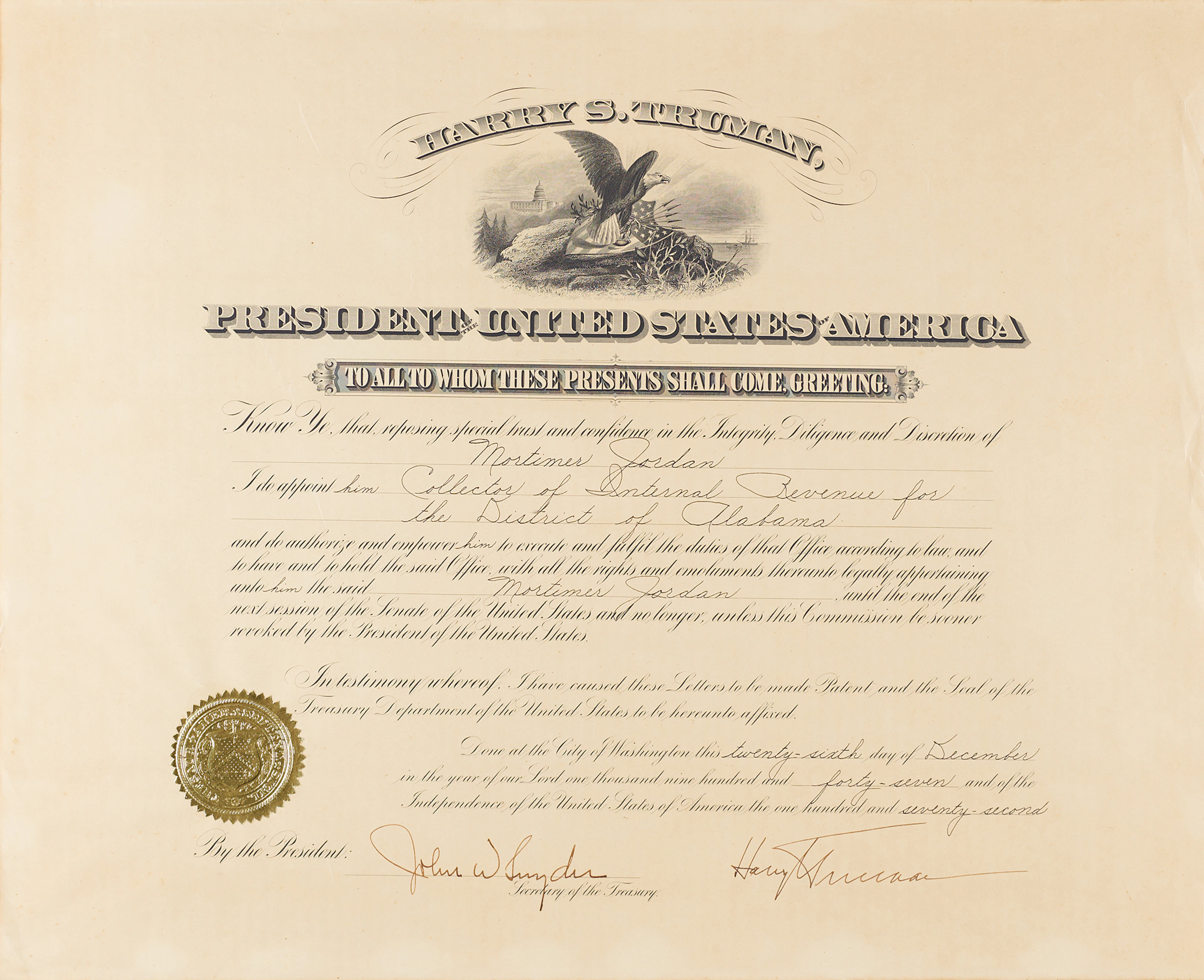 Harry S. Truman Document Signed as President, Appointing a Collector
