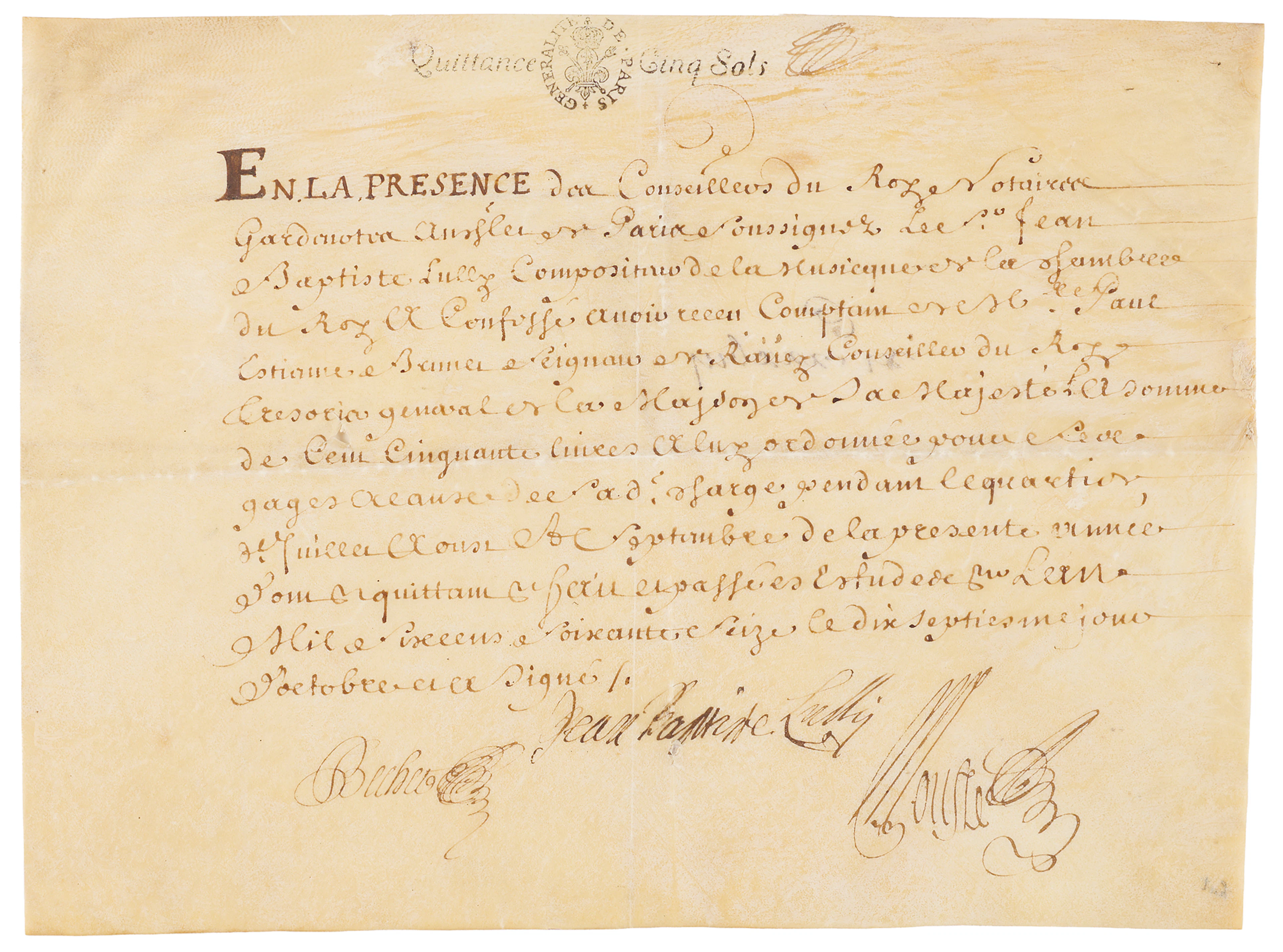 Jean-Baptiste Lully Document Signed - The Court Composer of King Louis XIV