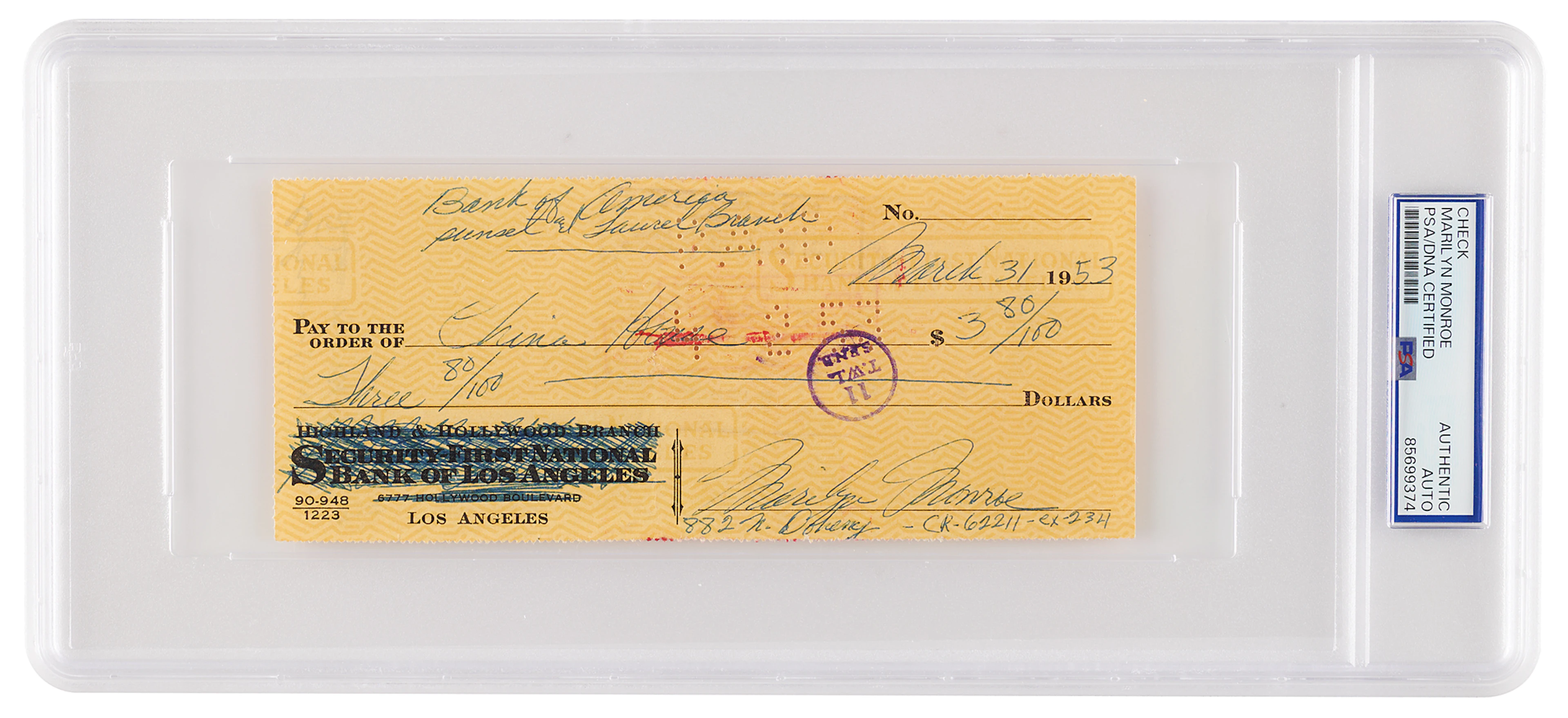 Marilyn Monroe Signed Check, Buying Chinese Food in the Year of Gentlemen