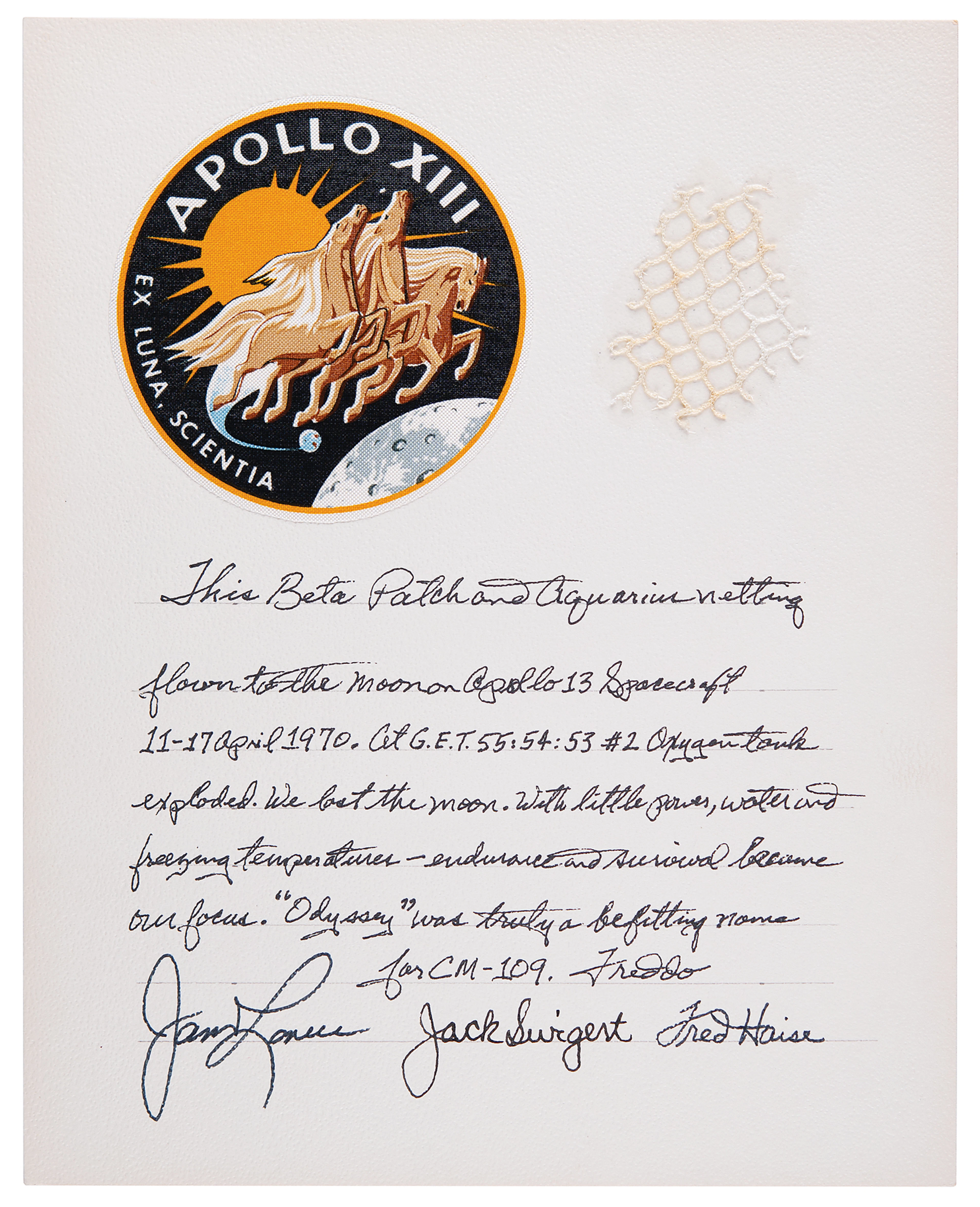 Apollo 13 Flown Beta Cloth Insignia and Lunar Module Netting - Signed