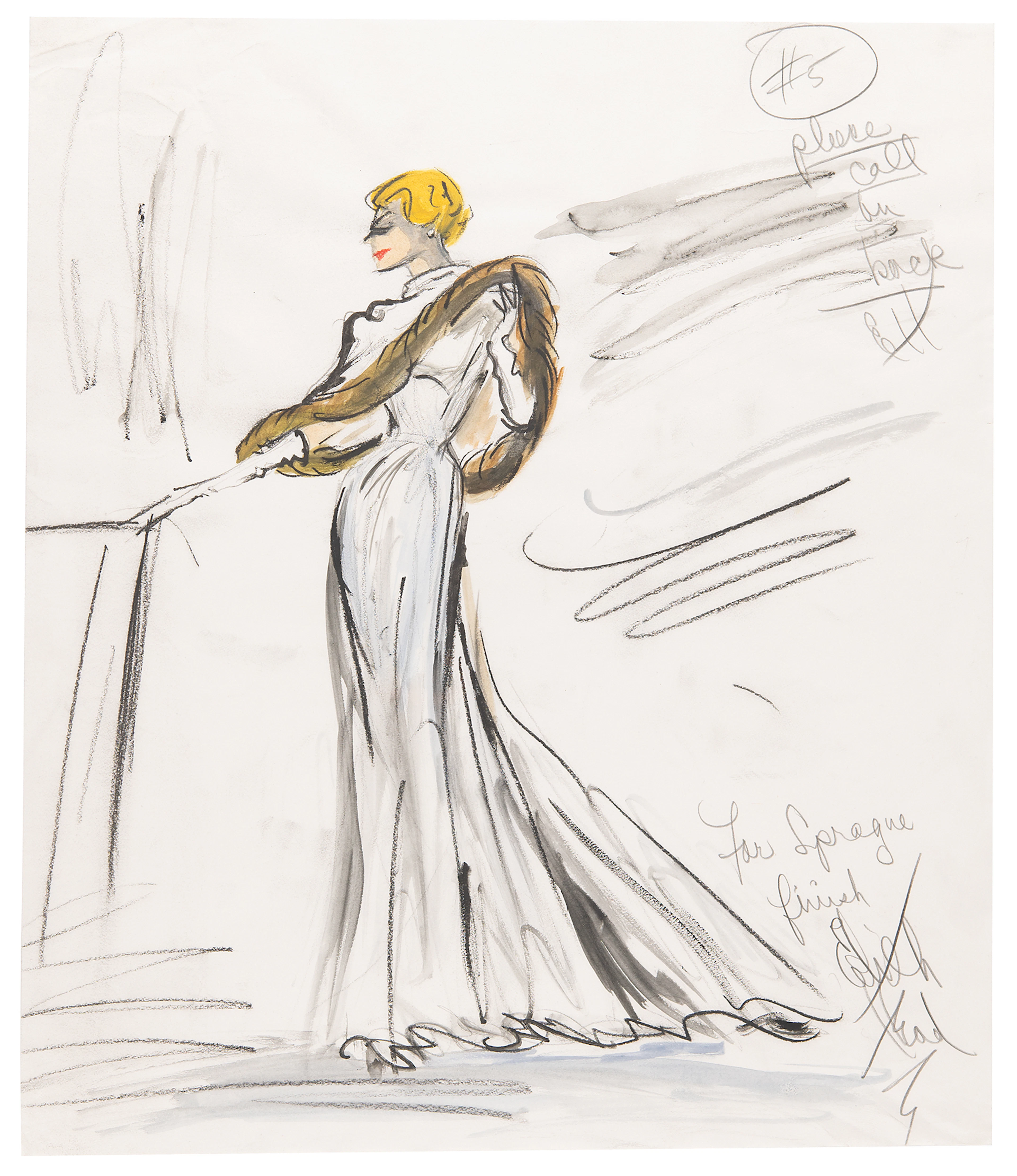 Edith Head Signed Original Costume Sketch for Jill Clayburgh in Gable