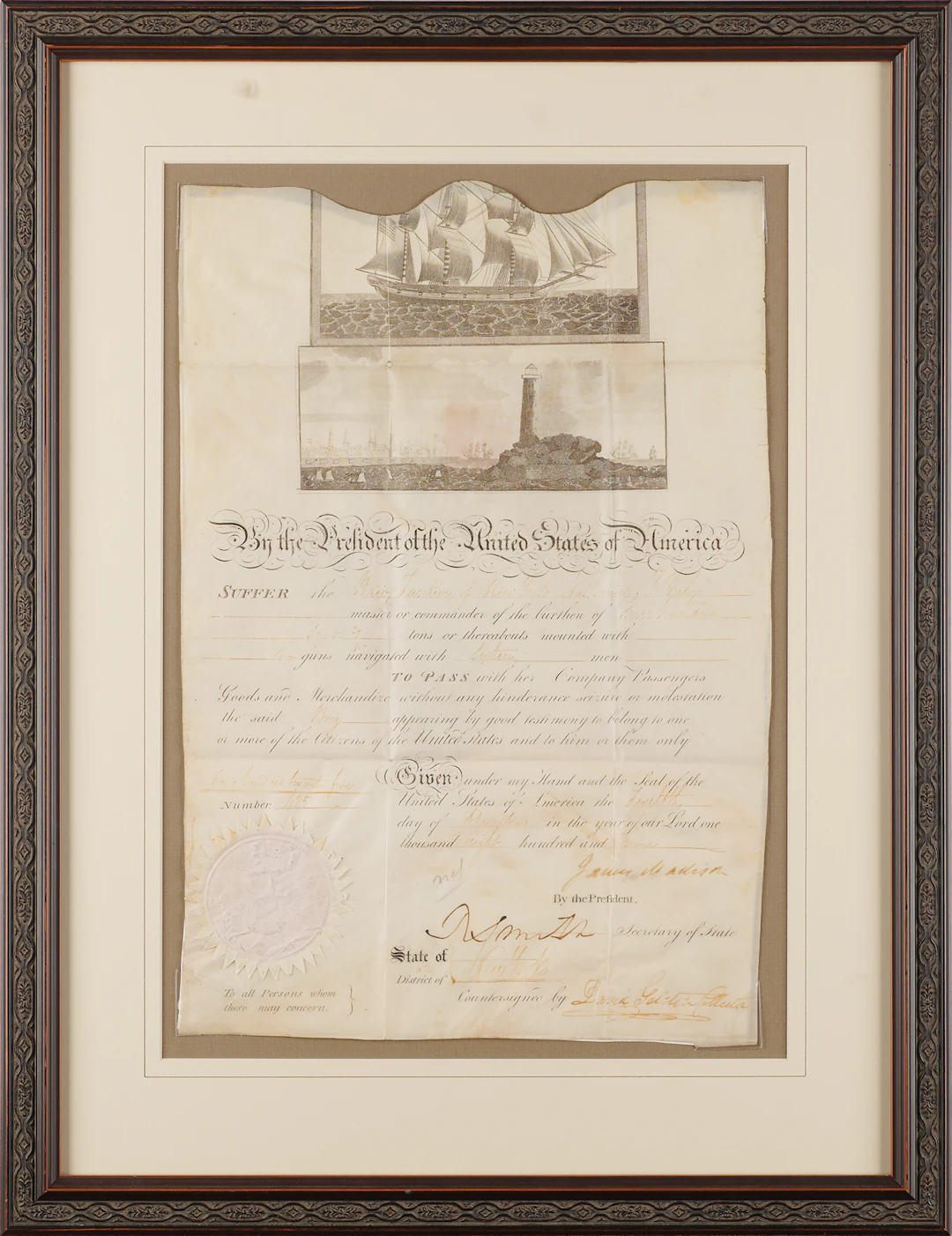 James Madison Signed Ship's Pass Document as President