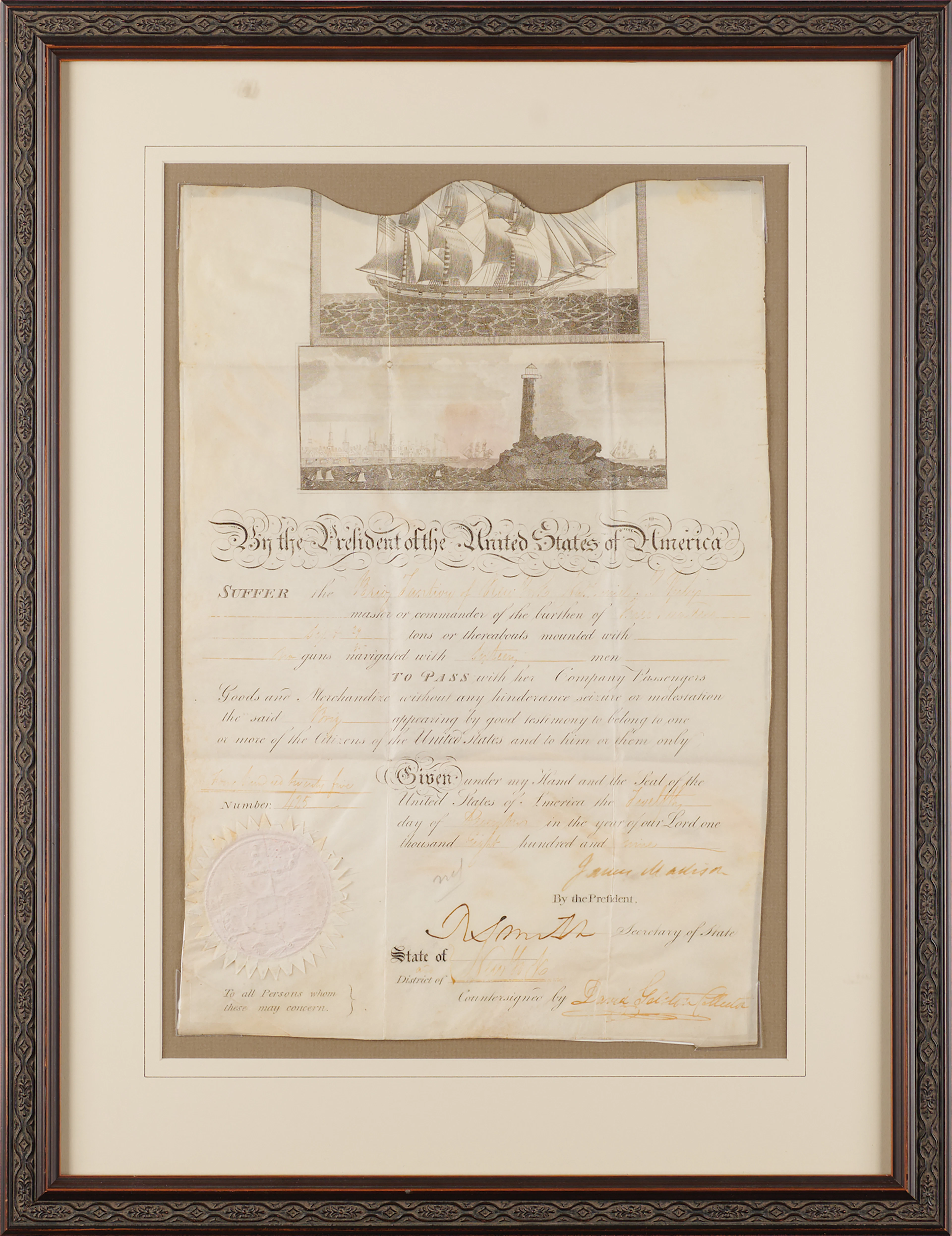 James Madison Signed Ship's Pass Document as President