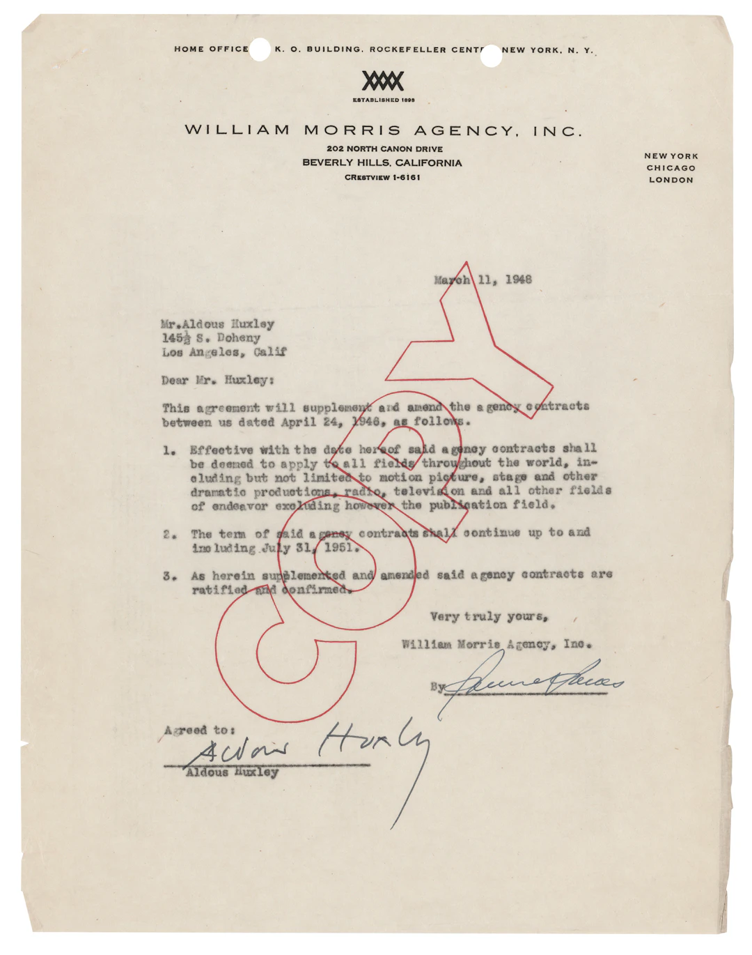 Aldous Huxley Signed Agency Contract Amendment