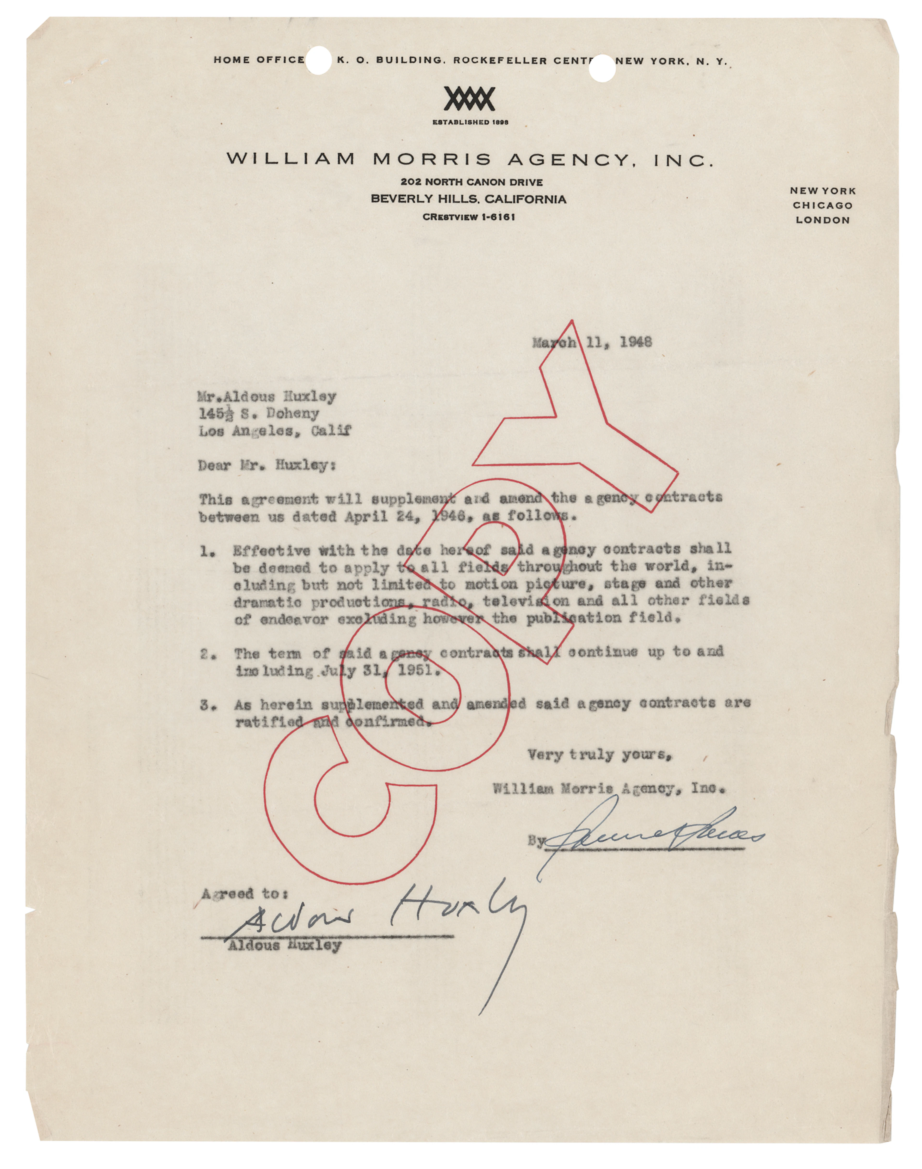 Aldous Huxley Signed Agency Contract Amendment