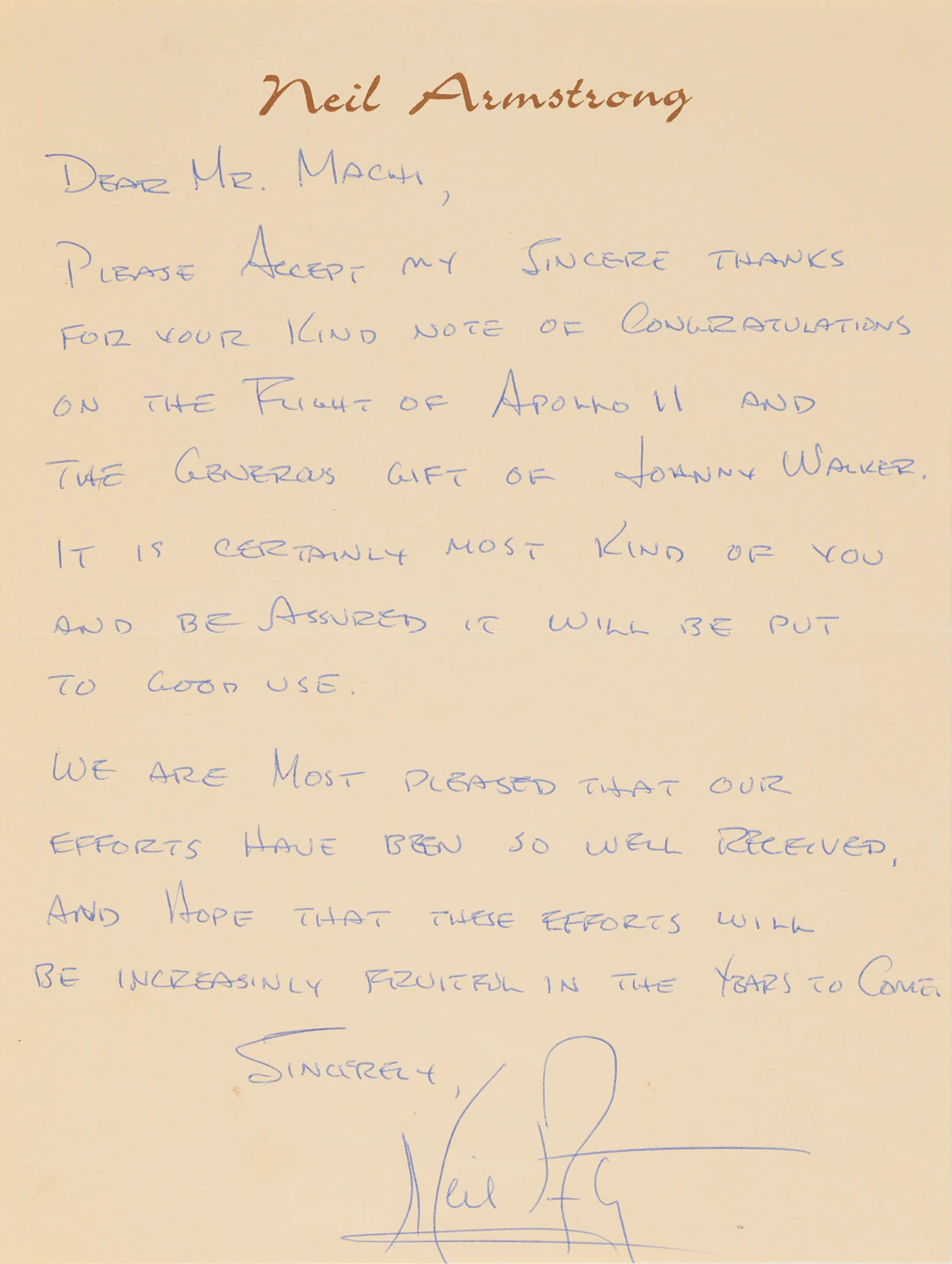Neil Armstrong Autograph Letter Signed on "the flight of Apollo 11"