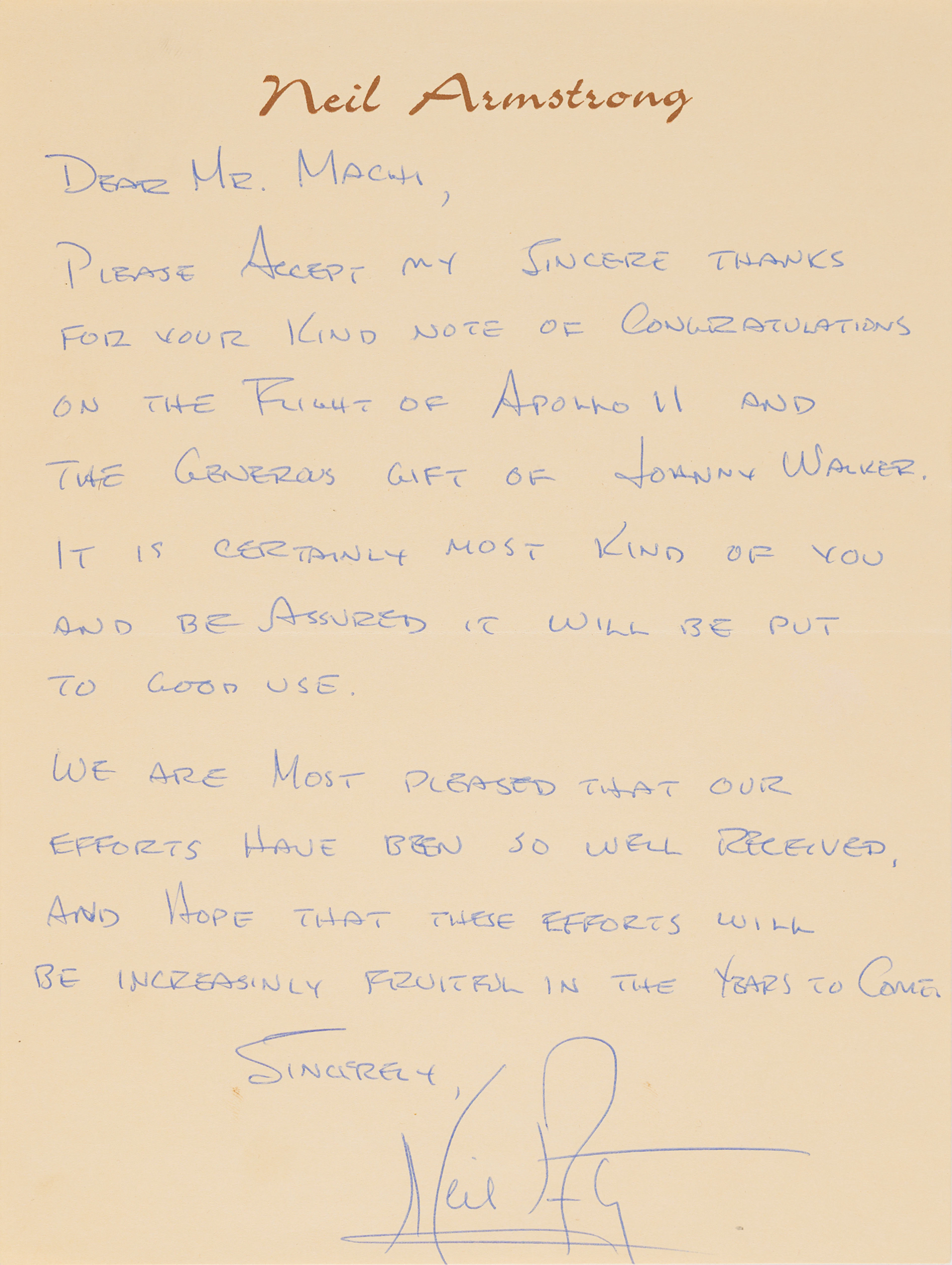 Neil Armstrong Autograph Letter Signed on "the flight of Apollo 11"