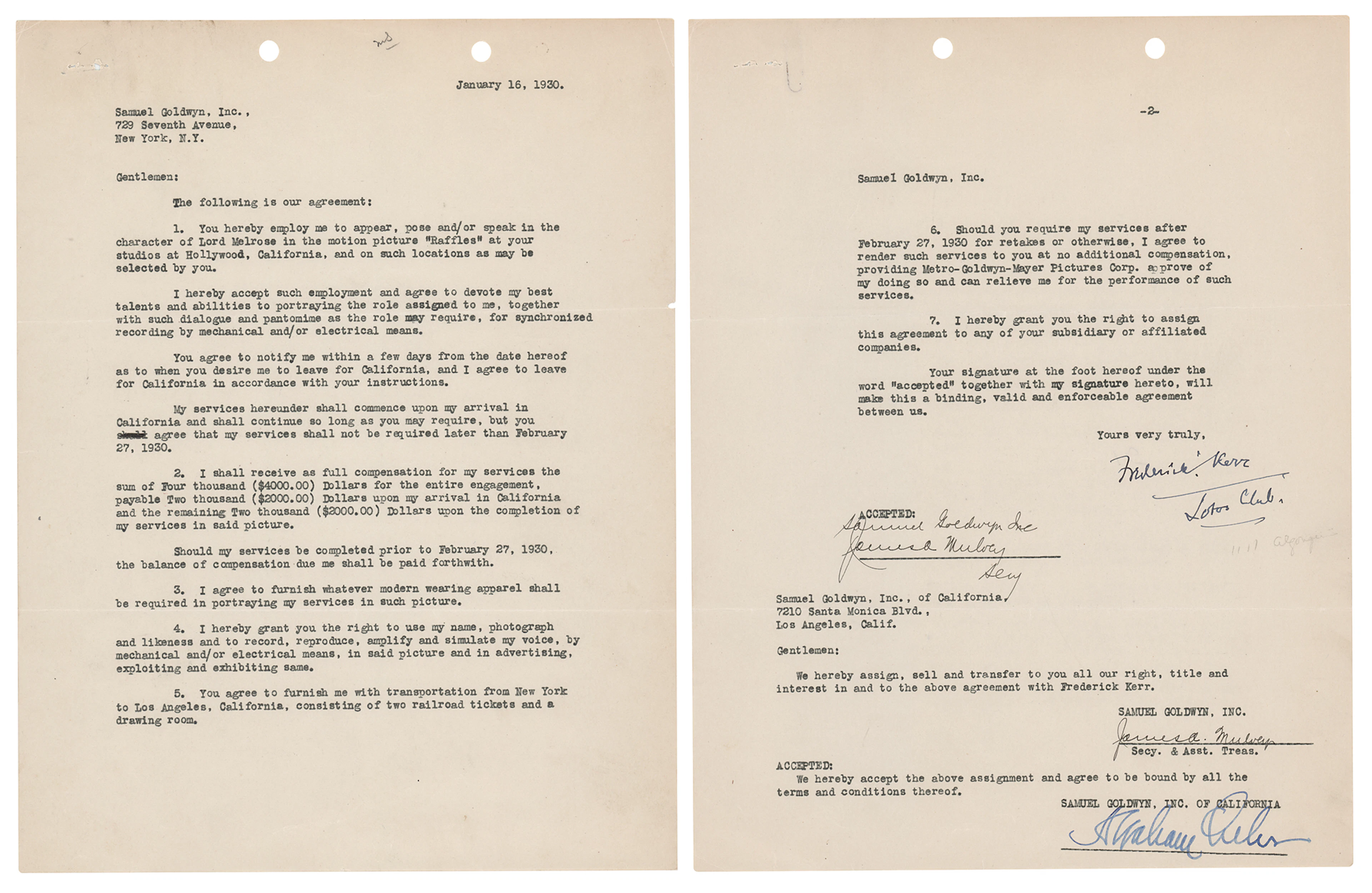 Frankenstein: Frederick Kerr Signed Contract (1930)