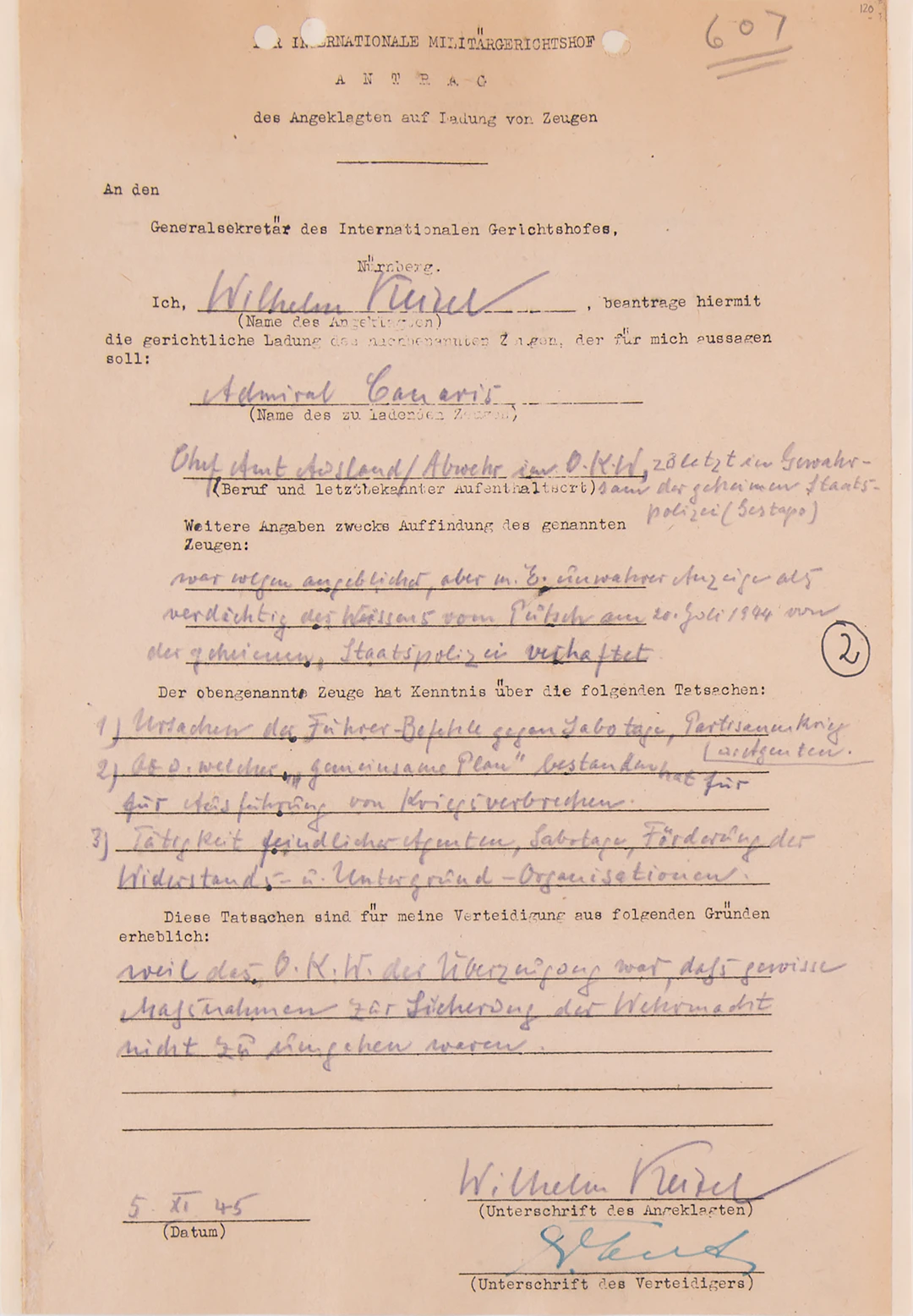 Wilhelm Keitel Document Signed at Nuremberg, Seeking Testimony from