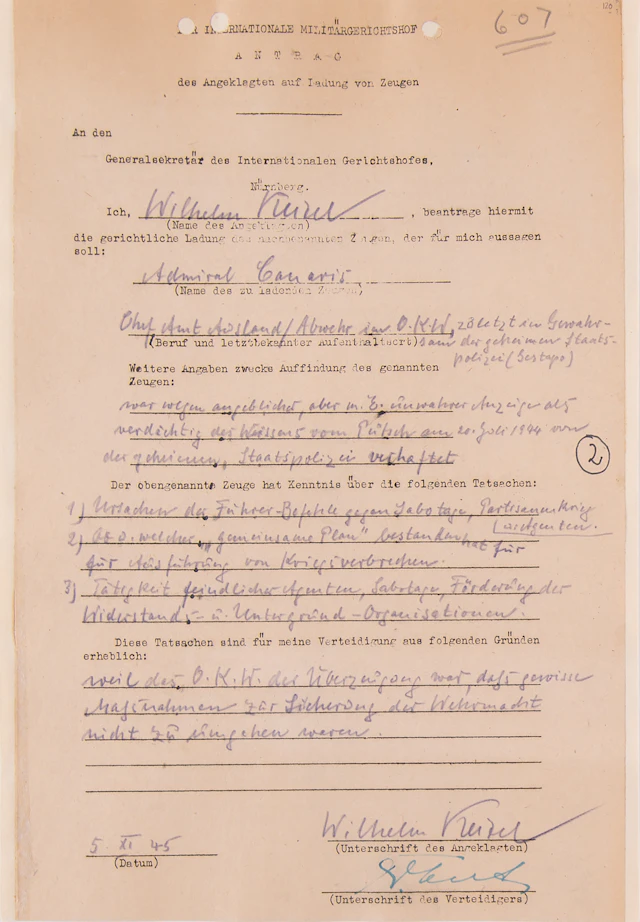 Wilhelm Keitel Document Signed at Nuremberg, Seeking Testimony from