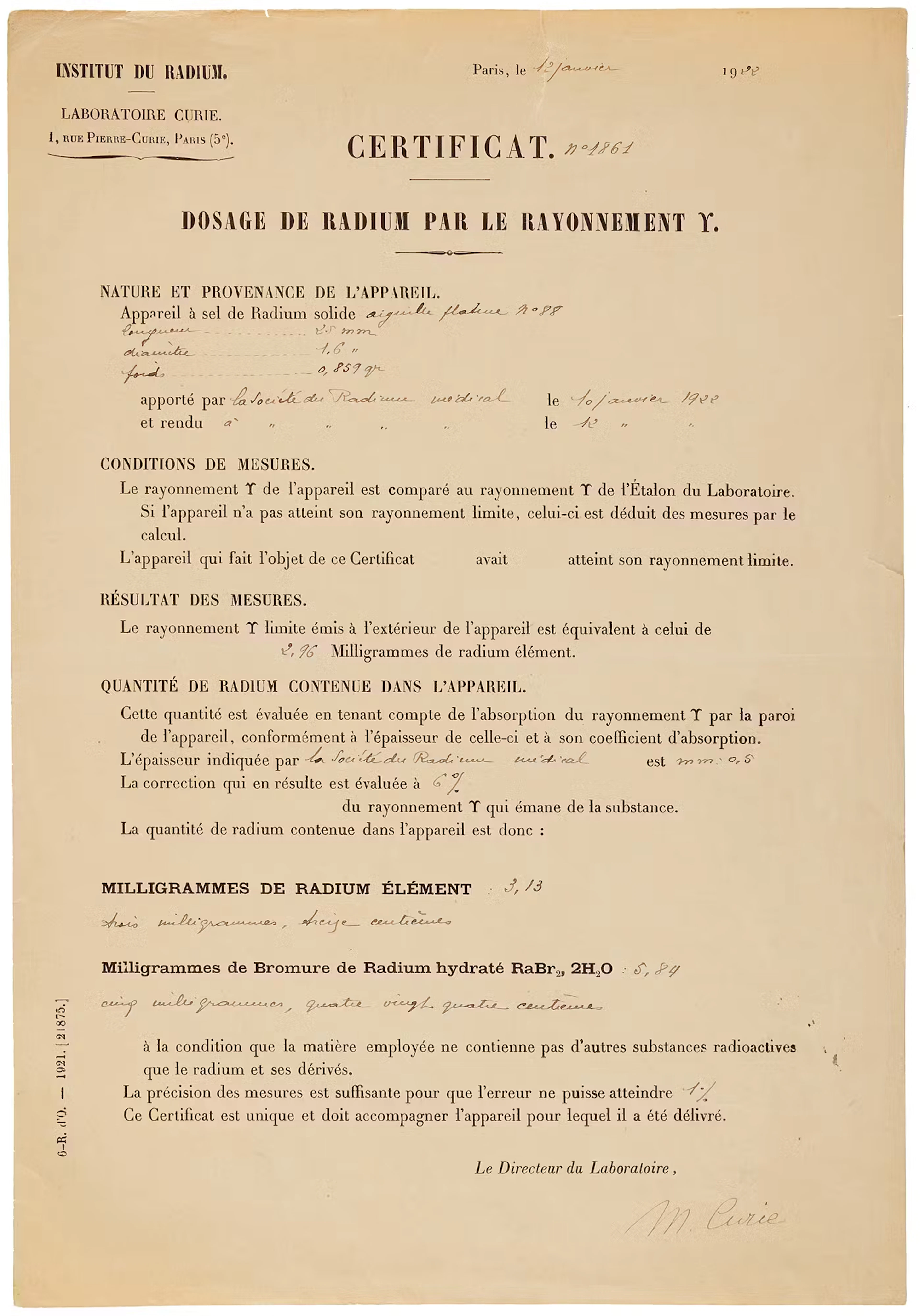 Marie Curie Document Signed - Radioactivity Results from Curie's Lab