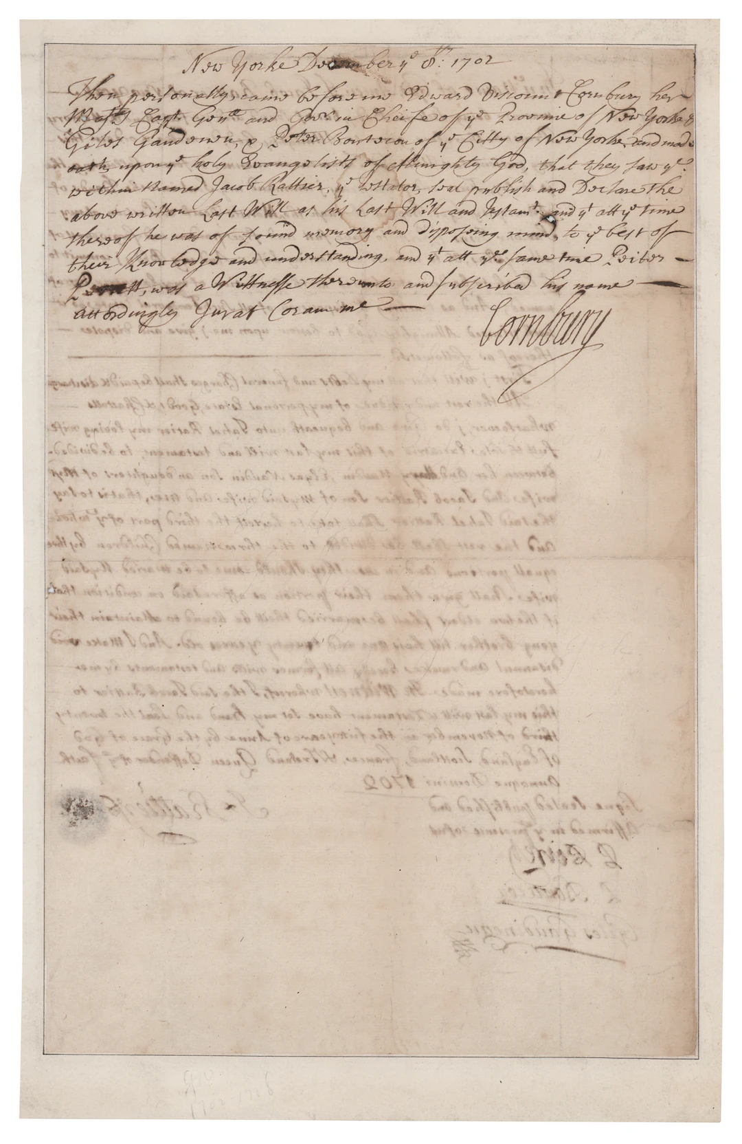 Lord Cornbury Document Signed