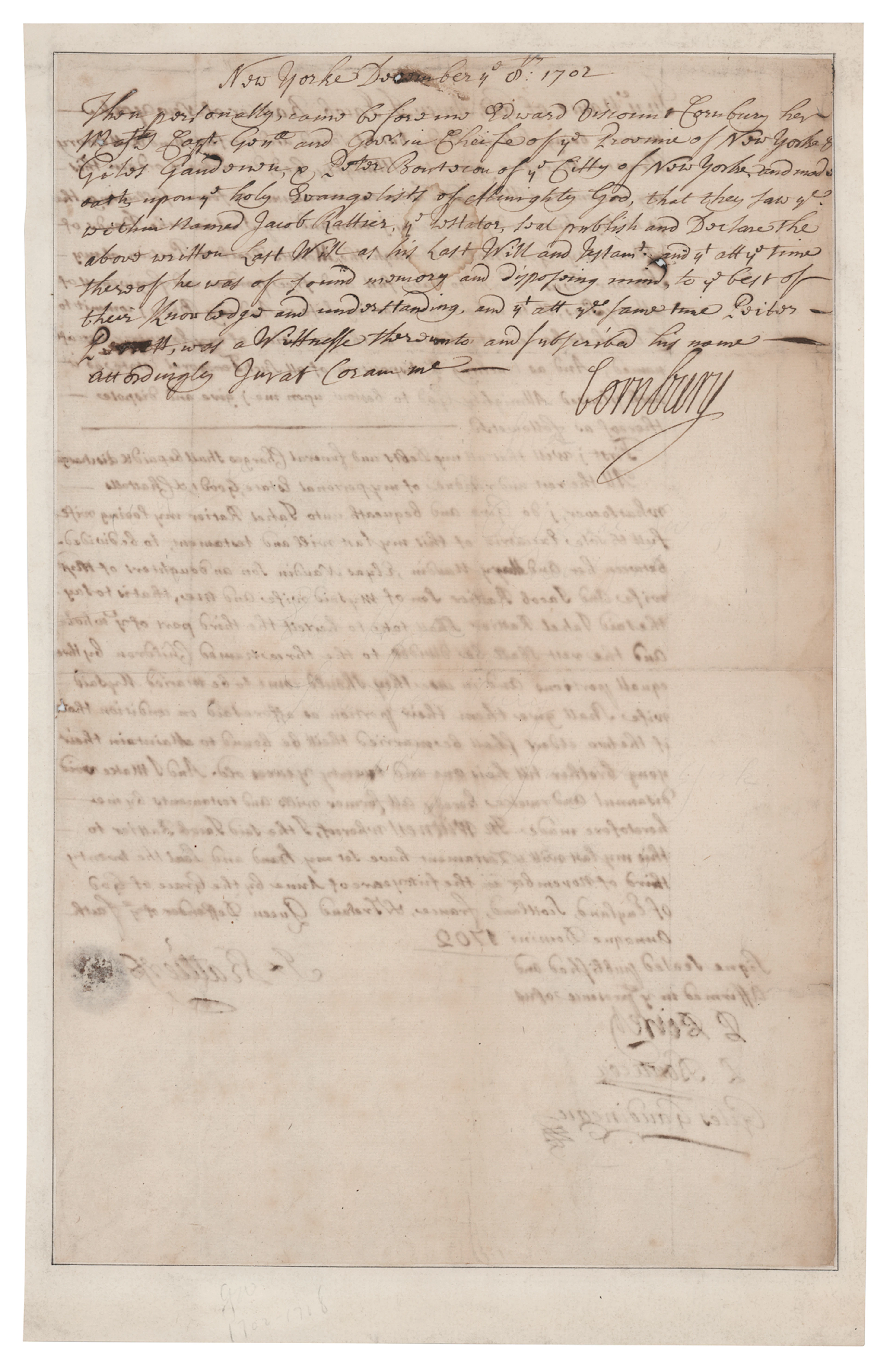 Lord Cornbury Document Signed