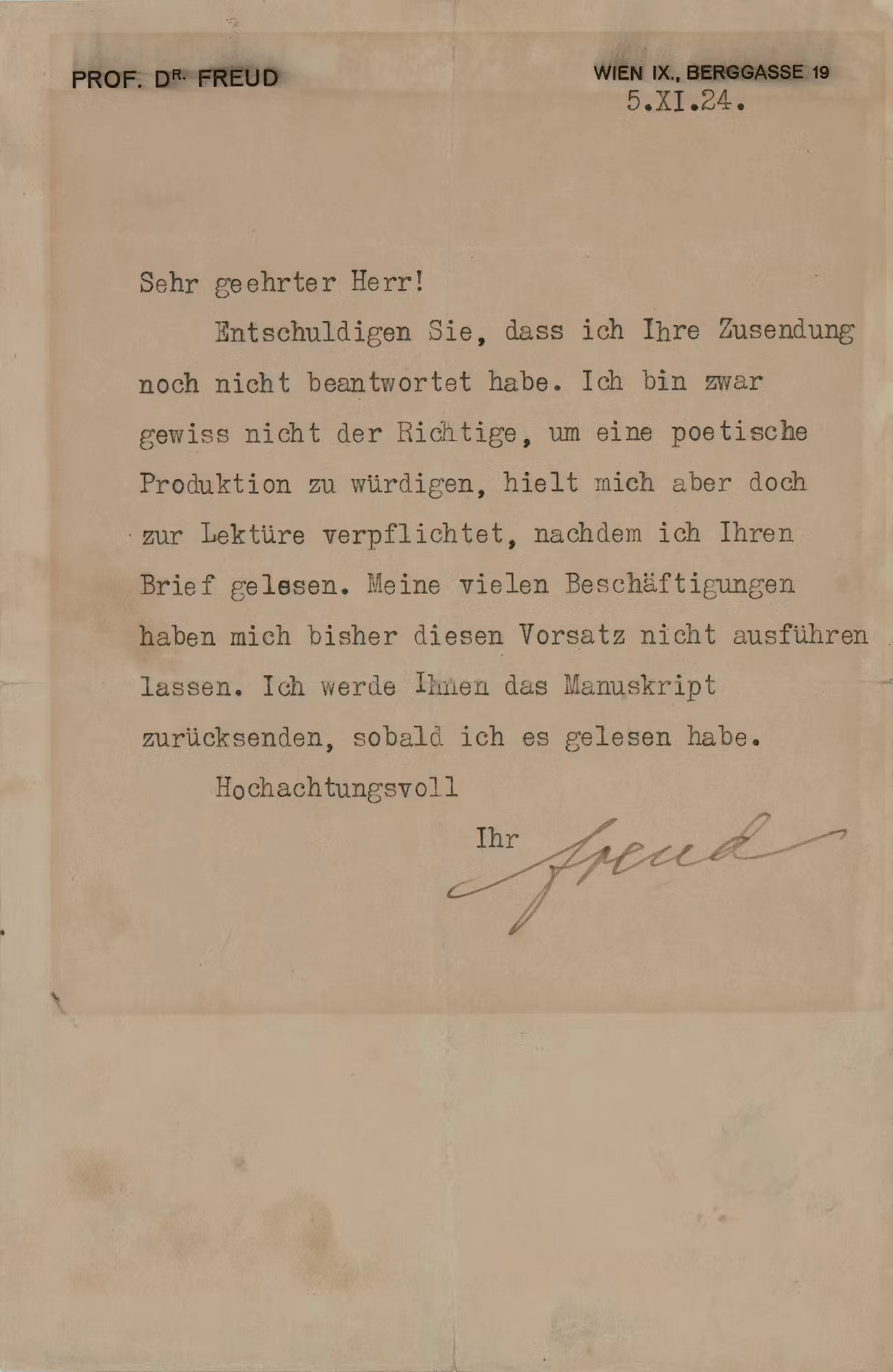 Sigmund Freud Typed Letter Signed: "I'll return the manuscript to