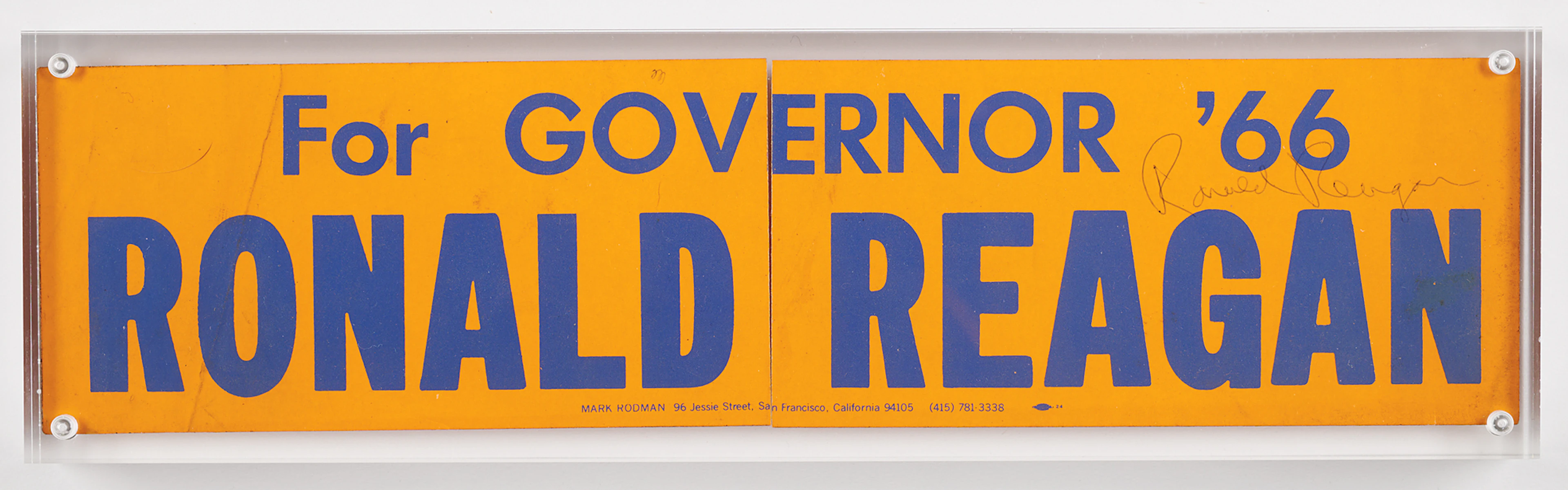 Ronald Reagan Signed Bumper Sticker: "For Governor '66"
