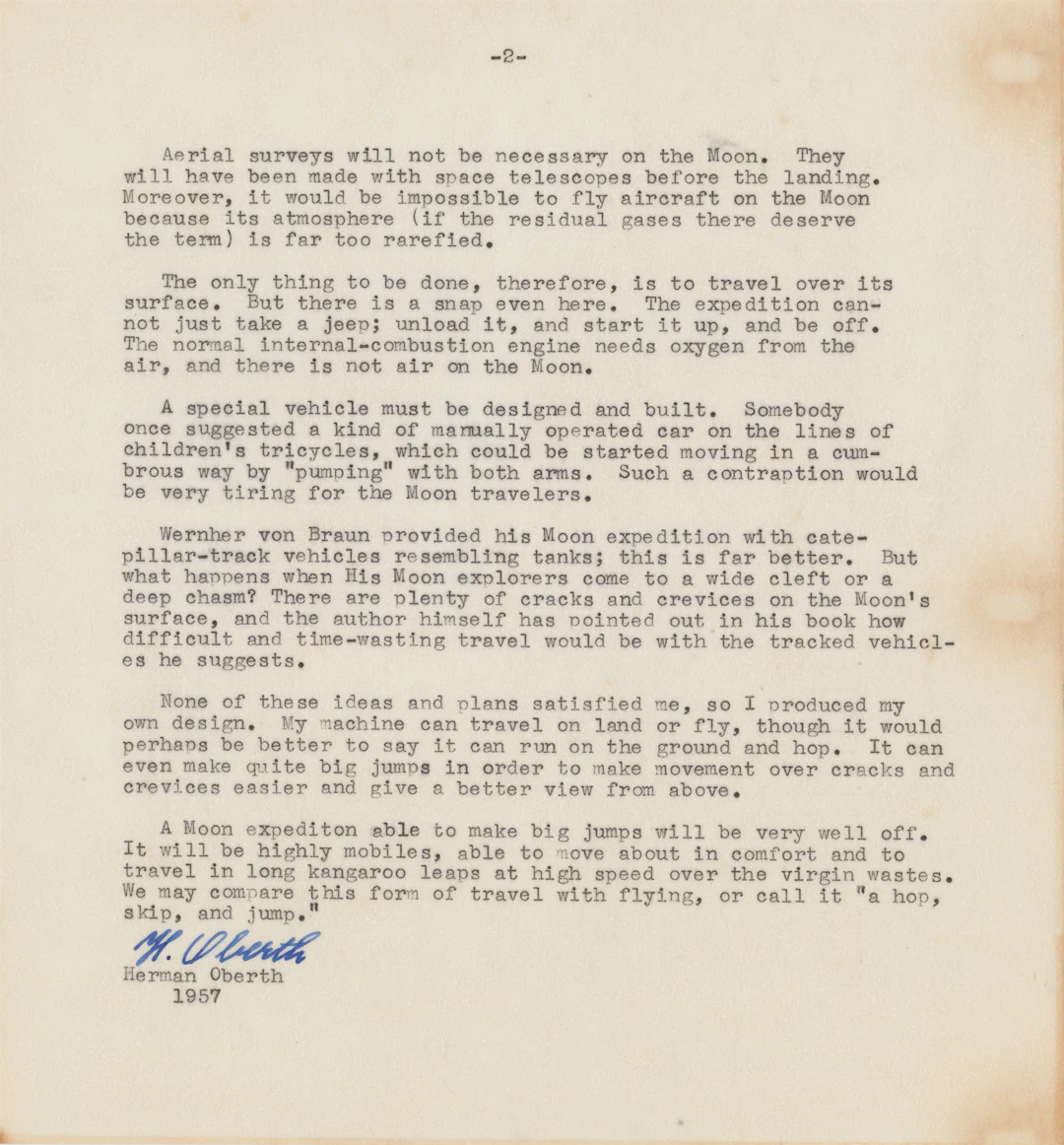 Hermann Oberth Typed Manuscript Signed - 'The Moon Car'