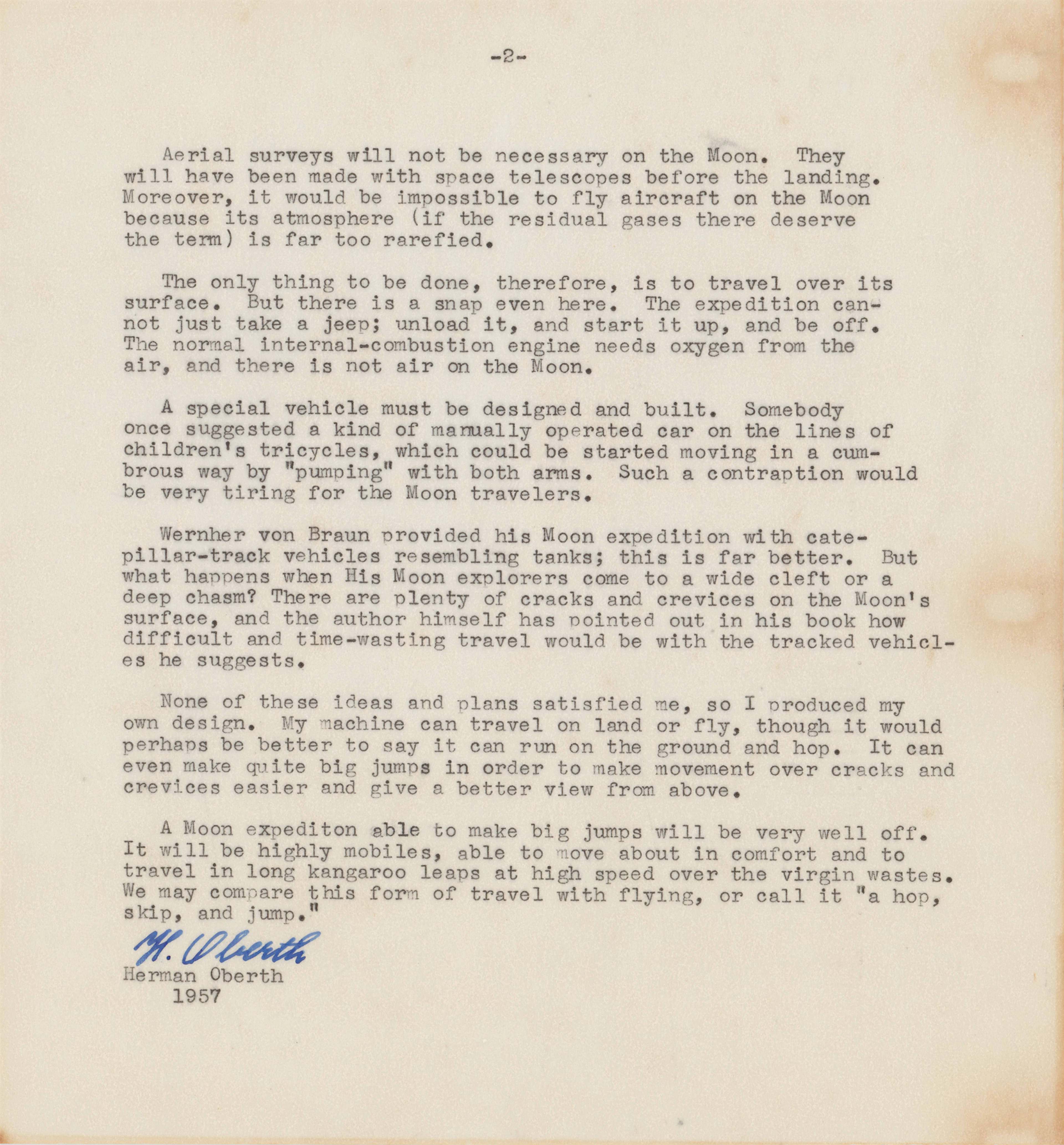 Hermann Oberth Typed Manuscript Signed - 'The Moon Car'