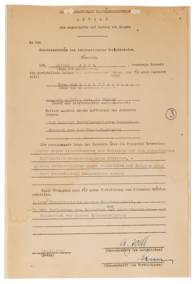 Alfred Jodl Document Signed at Nuremberg, Seeking Testimony to "relieve