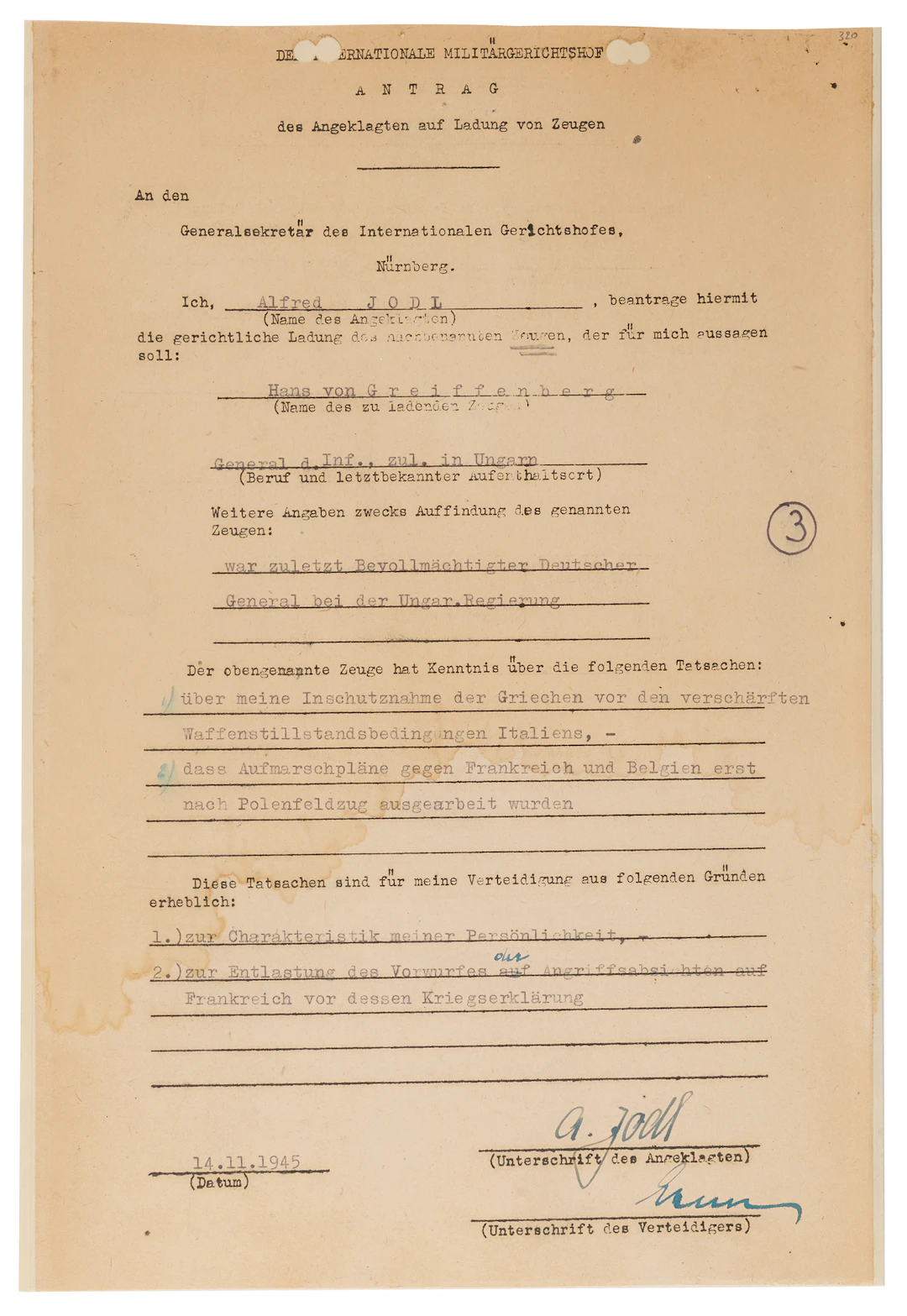 Alfred Jodl Document Signed at Nuremberg, Seeking Testimony to "relieve