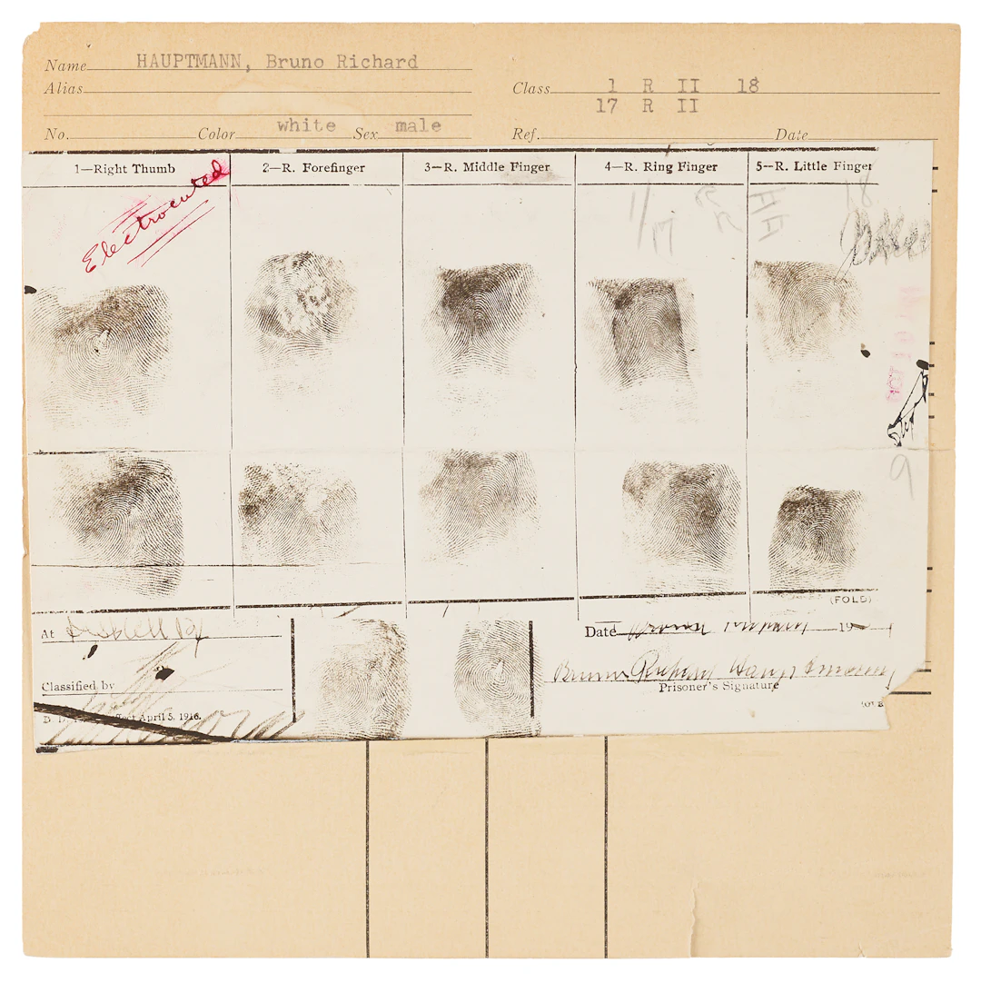 Lindbergh Kidnapping: Bruno Richard Hauptmann Original Photostat Fingerprint