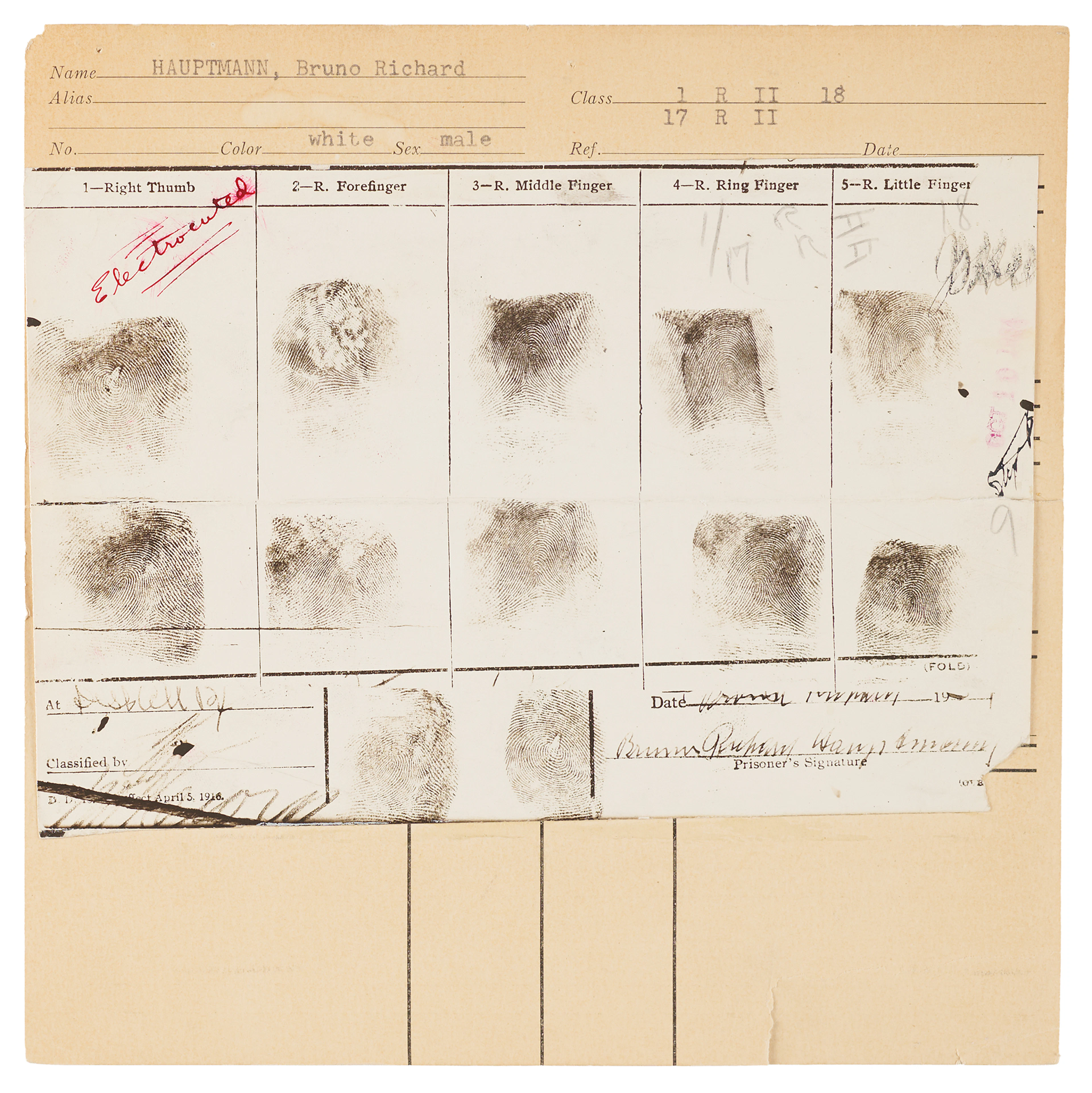 Lindbergh Kidnapping: Bruno Richard Hauptmann Original Photostat Fingerprint