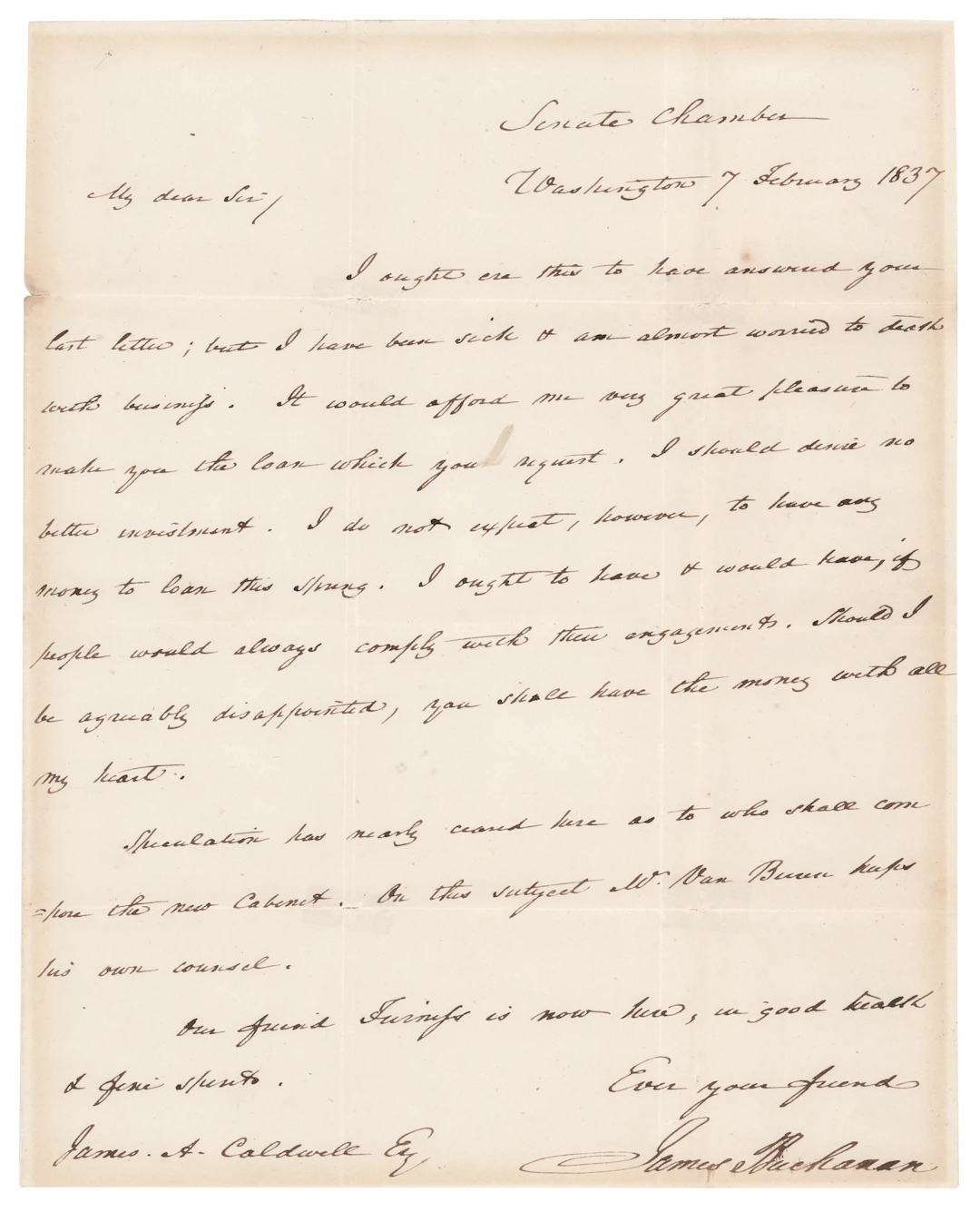 James Buchanan Autograph Letter Signed on Martin Van Buren’s Incoming Cabinet