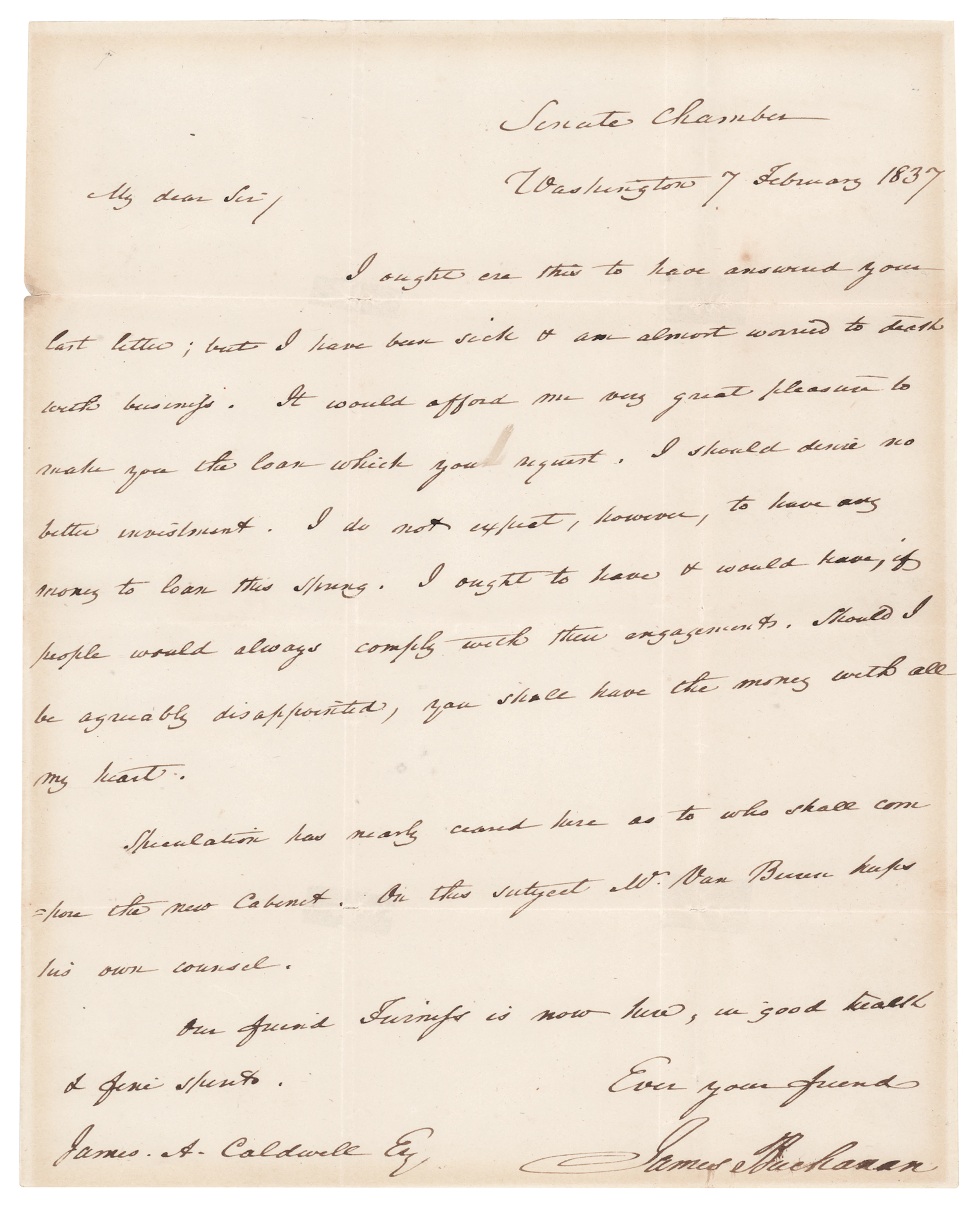 James Buchanan Autograph Letter Signed on Martin Van Buren’s Incoming Cabinet