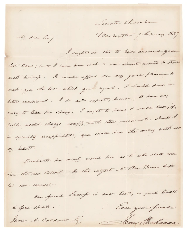 James Buchanan Autograph Letter Signed on Martin Van Buren’s Incoming Cabinet