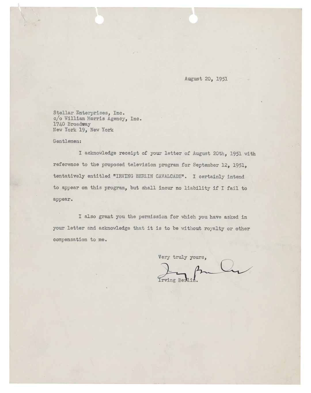 Irving Berlin Typed Letter Signed on the "Irving Berlin Cavalcade"