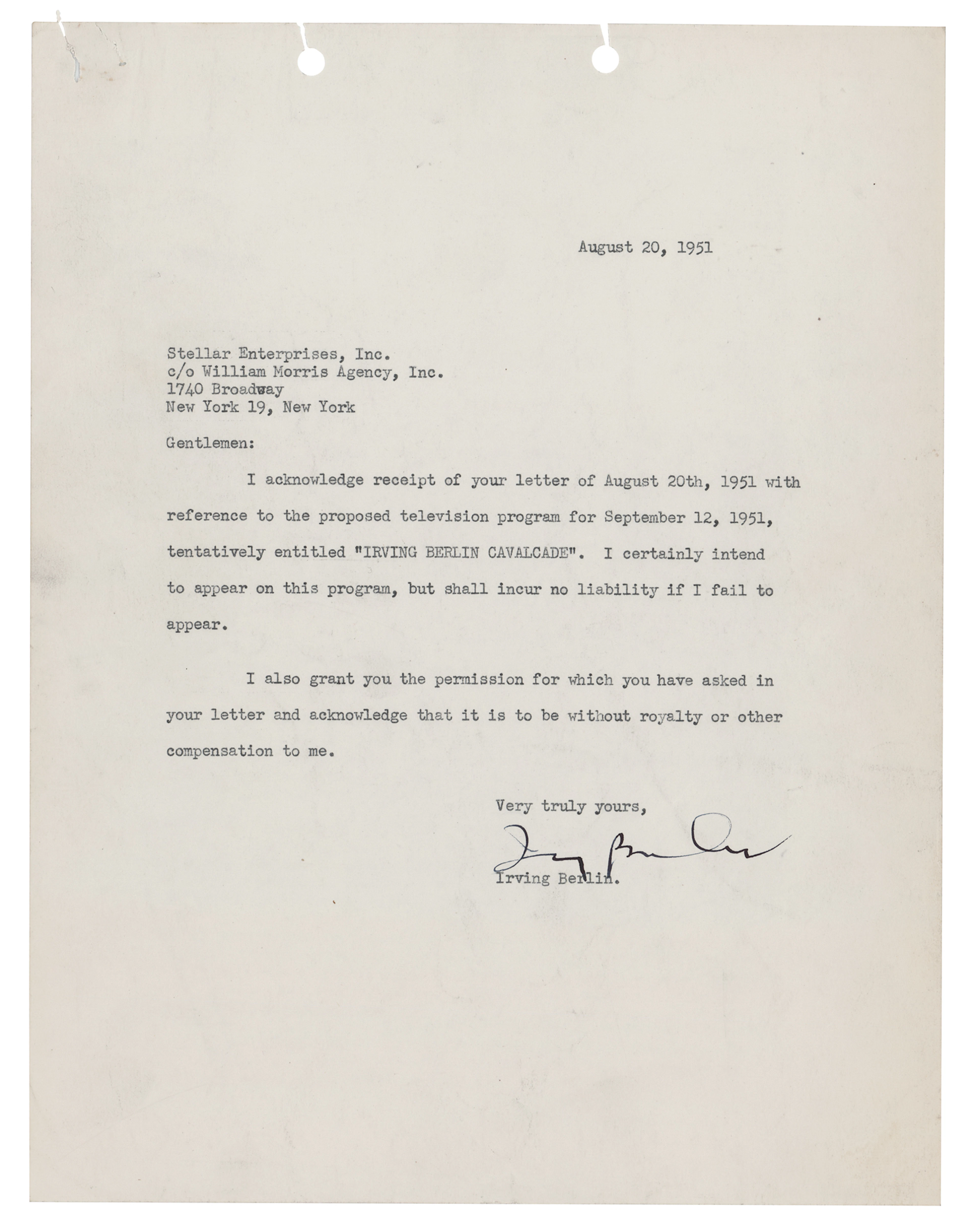 Irving Berlin Typed Letter Signed on the "Irving Berlin Cavalcade"