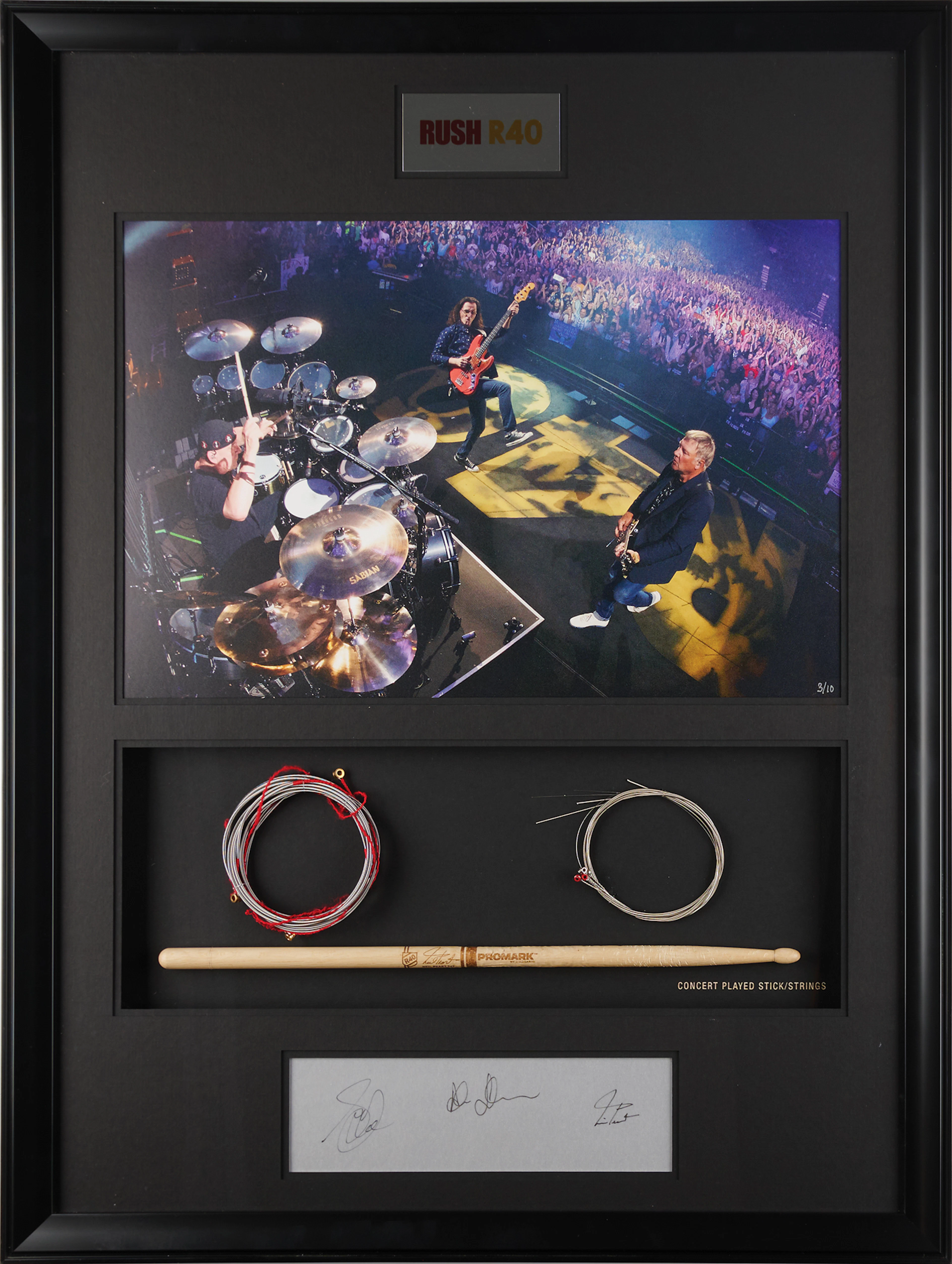 Rush Concert-Used Memorabilia Display: Peart Drum Stick, Lee & Lifeson