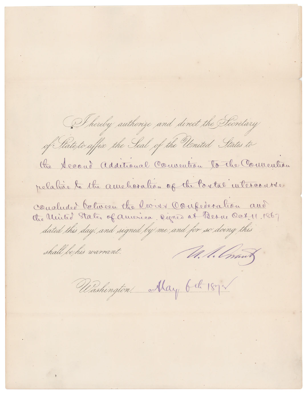 U.S. Grant Document Signed as President for a Postal Treaty with Switzerland
