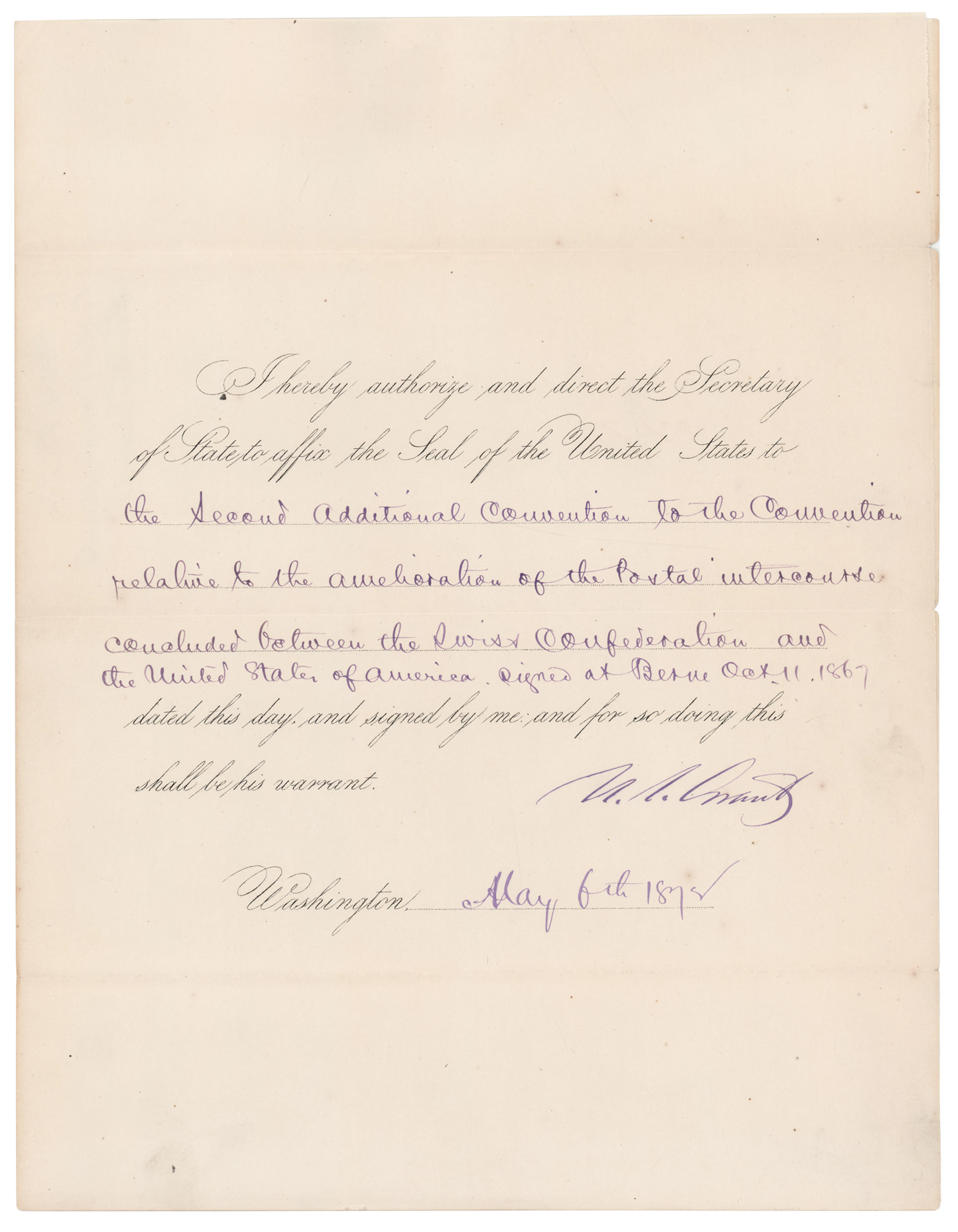 U.S. Grant Document Signed as President for a Postal Treaty with Switzerland