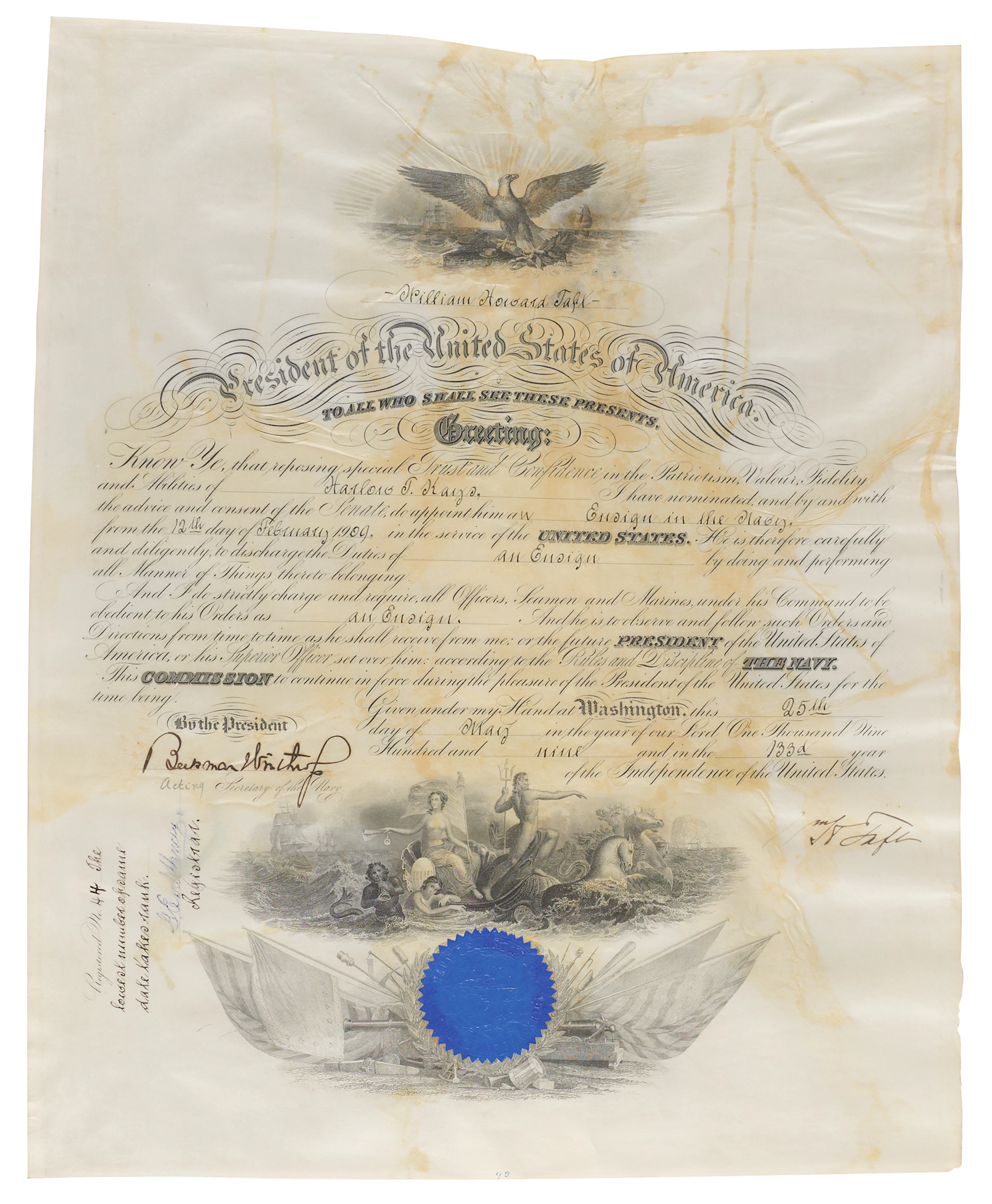 William H. Taft Document Signed as President, Appointing an Ensign in the Navy