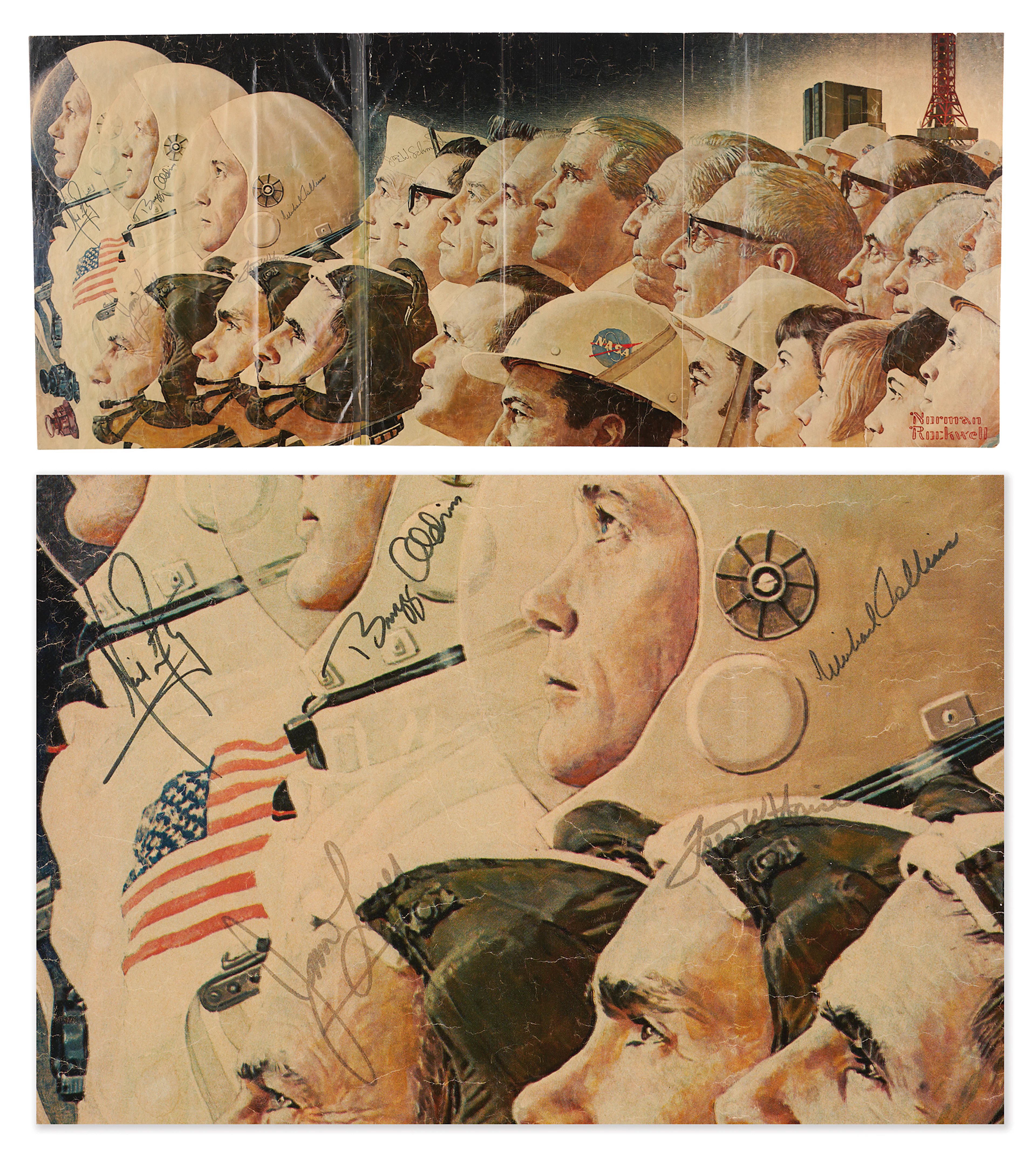 Apollo 11 Prime and Backup Crews Signed Norman Rockwell Magazine Foldout