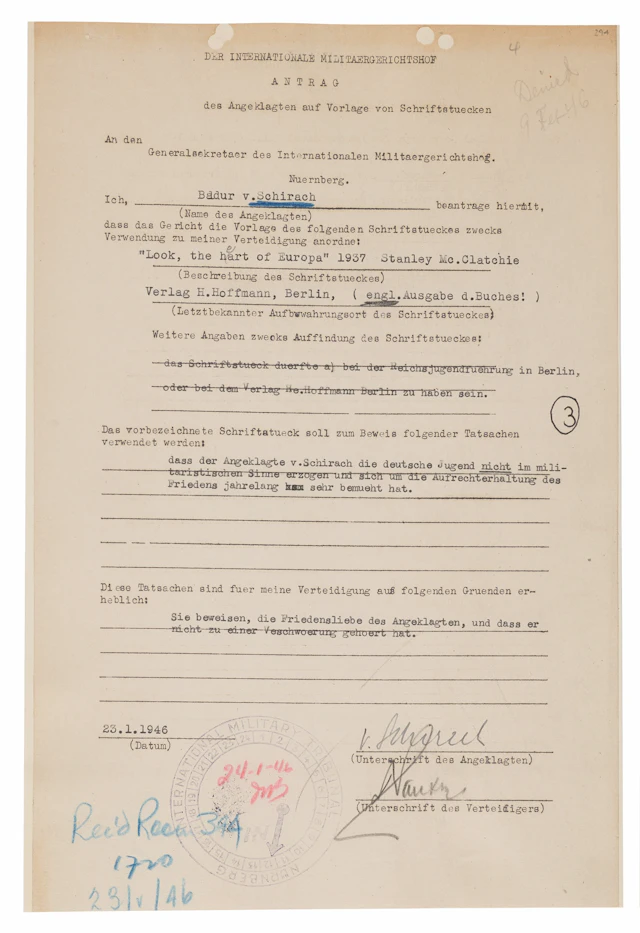 Baldur von Schirach Document Signed at Nuremberg, Requesting 'Look