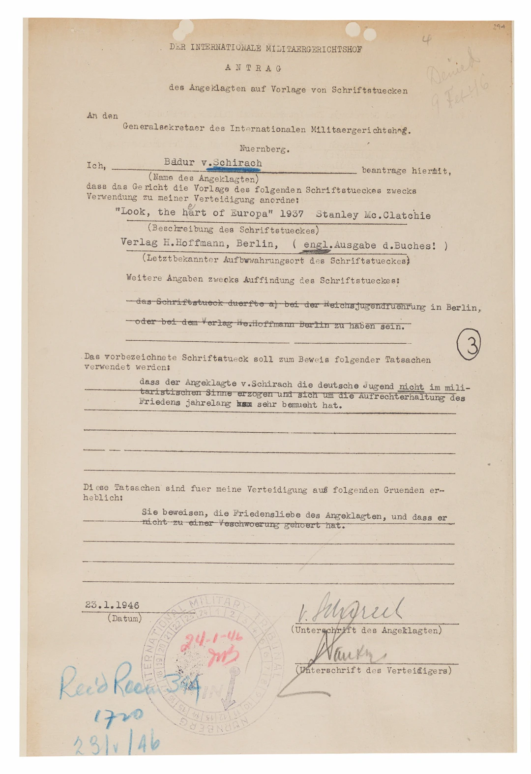 Baldur von Schirach Document Signed at Nuremberg, Requesting 'Look