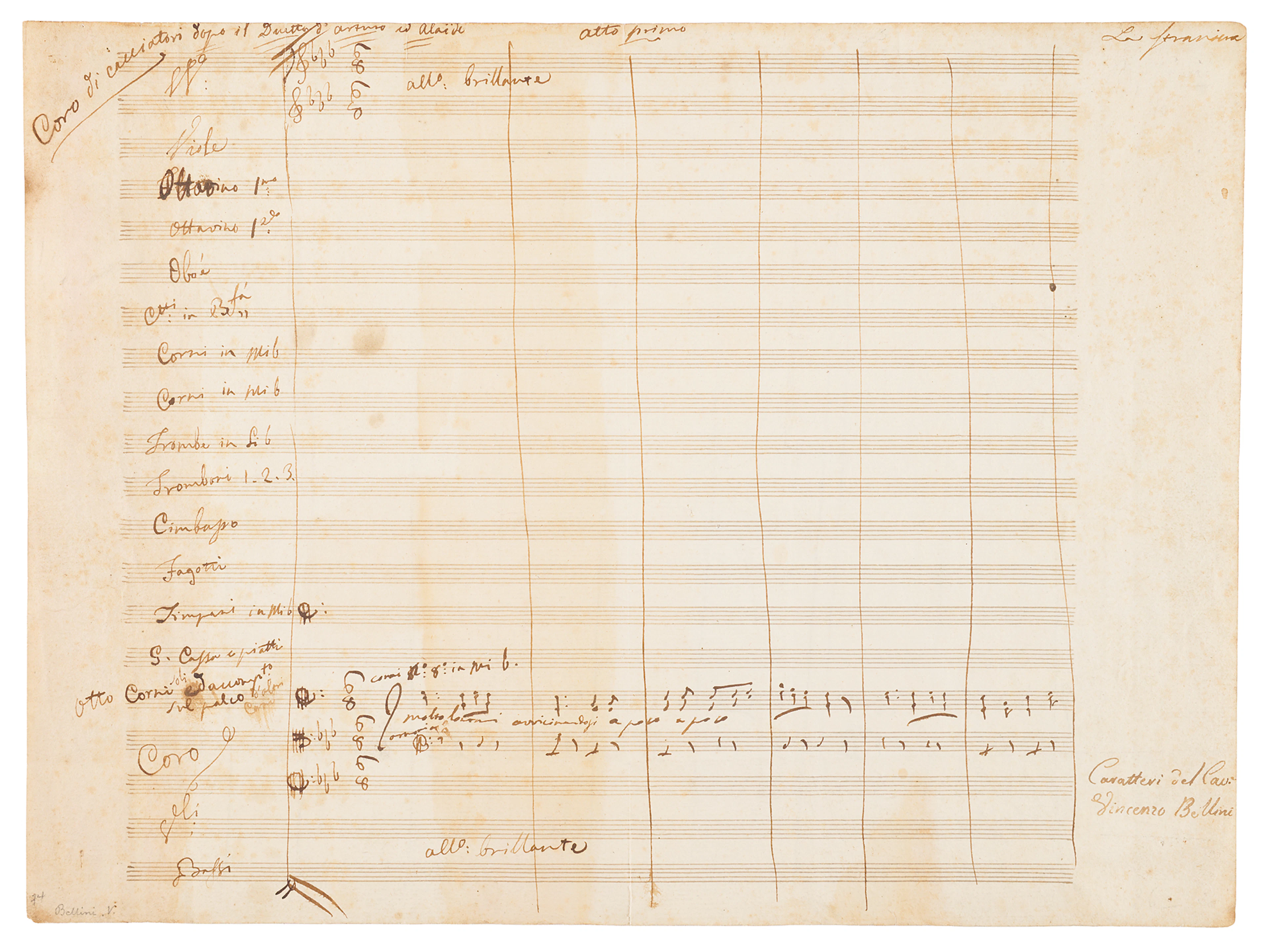 Vincenzo Bellini Handwritten Musical Manuscript Draft for the Hunting
