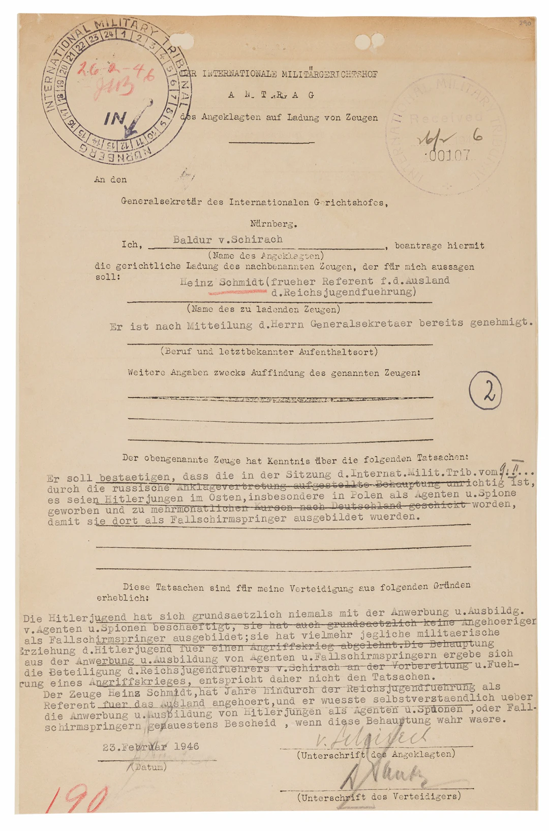 Baldur von Schirach Document Signed at Nuremberg: "The Hitler Youth