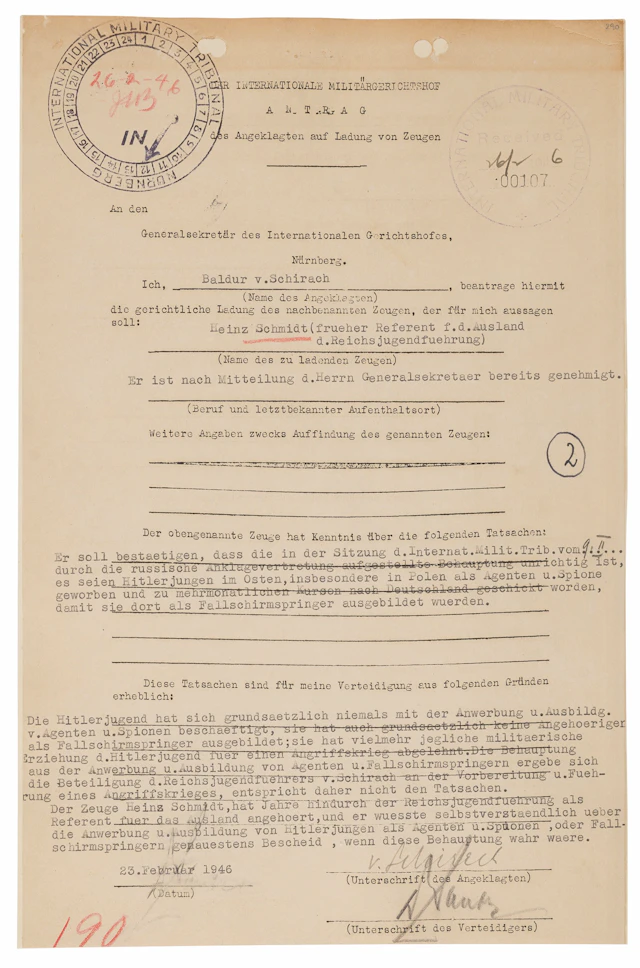 Baldur von Schirach Document Signed at Nuremberg: "The Hitler Youth