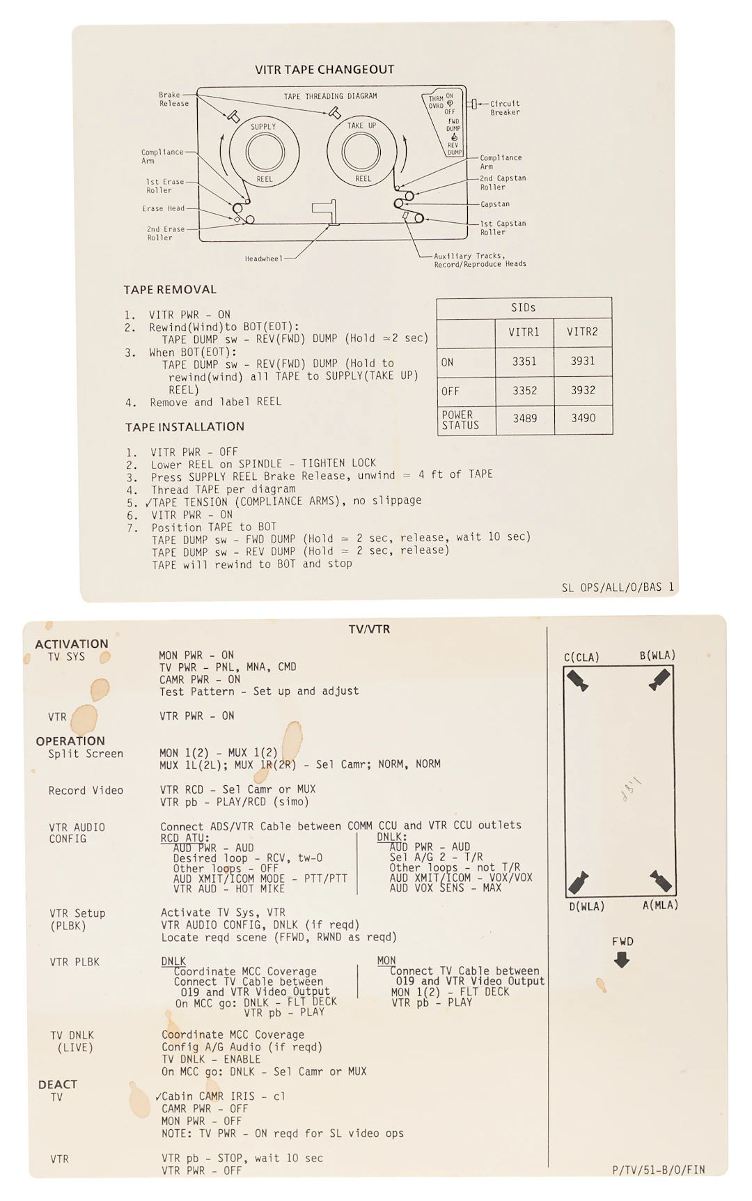 STS-51-B (2) Cue Cards for TV/VTR and VITR Tape Changeout [Attested