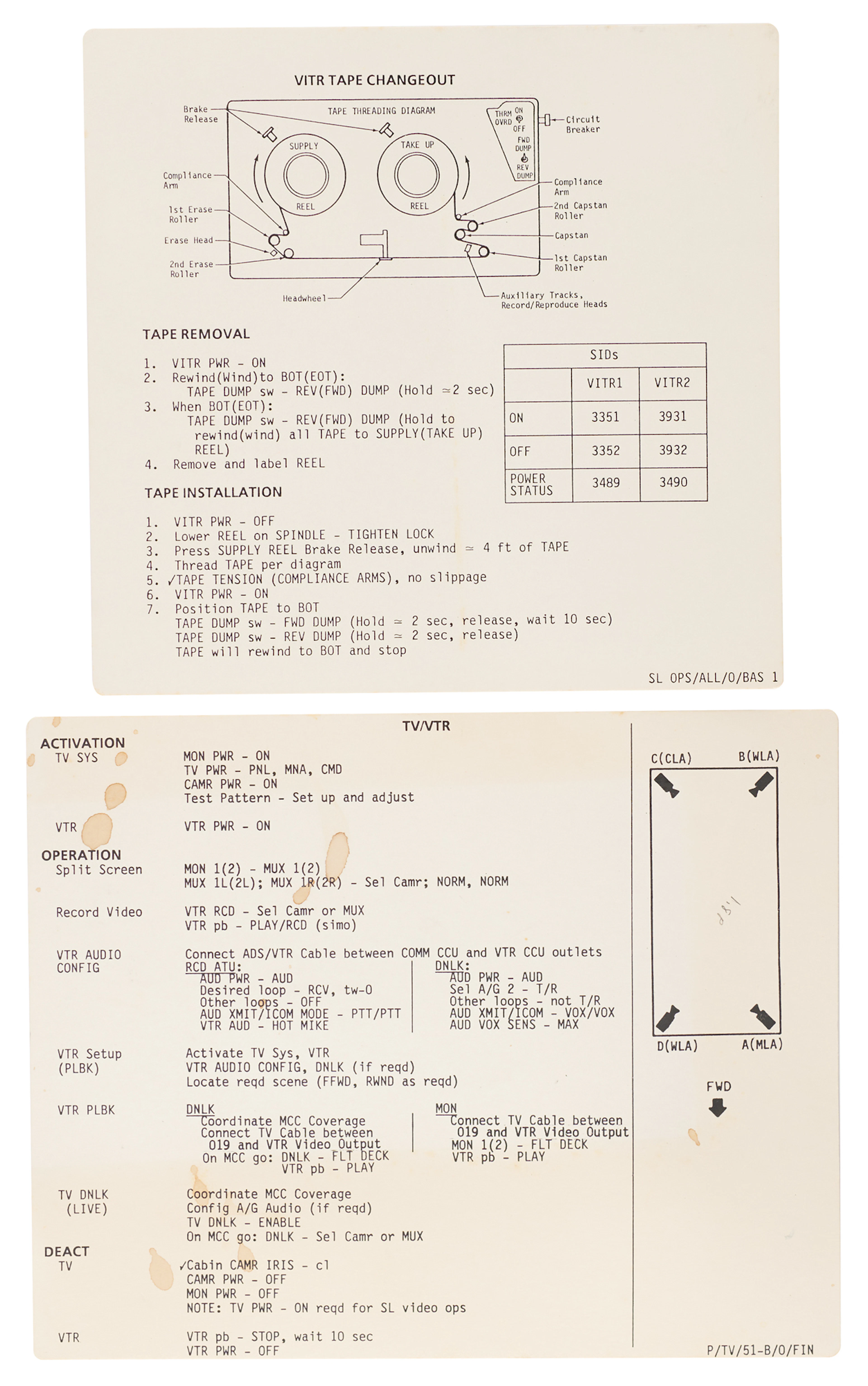 STS-51-B (2) Cue Cards for TV/VTR and VITR Tape Changeout [Attested