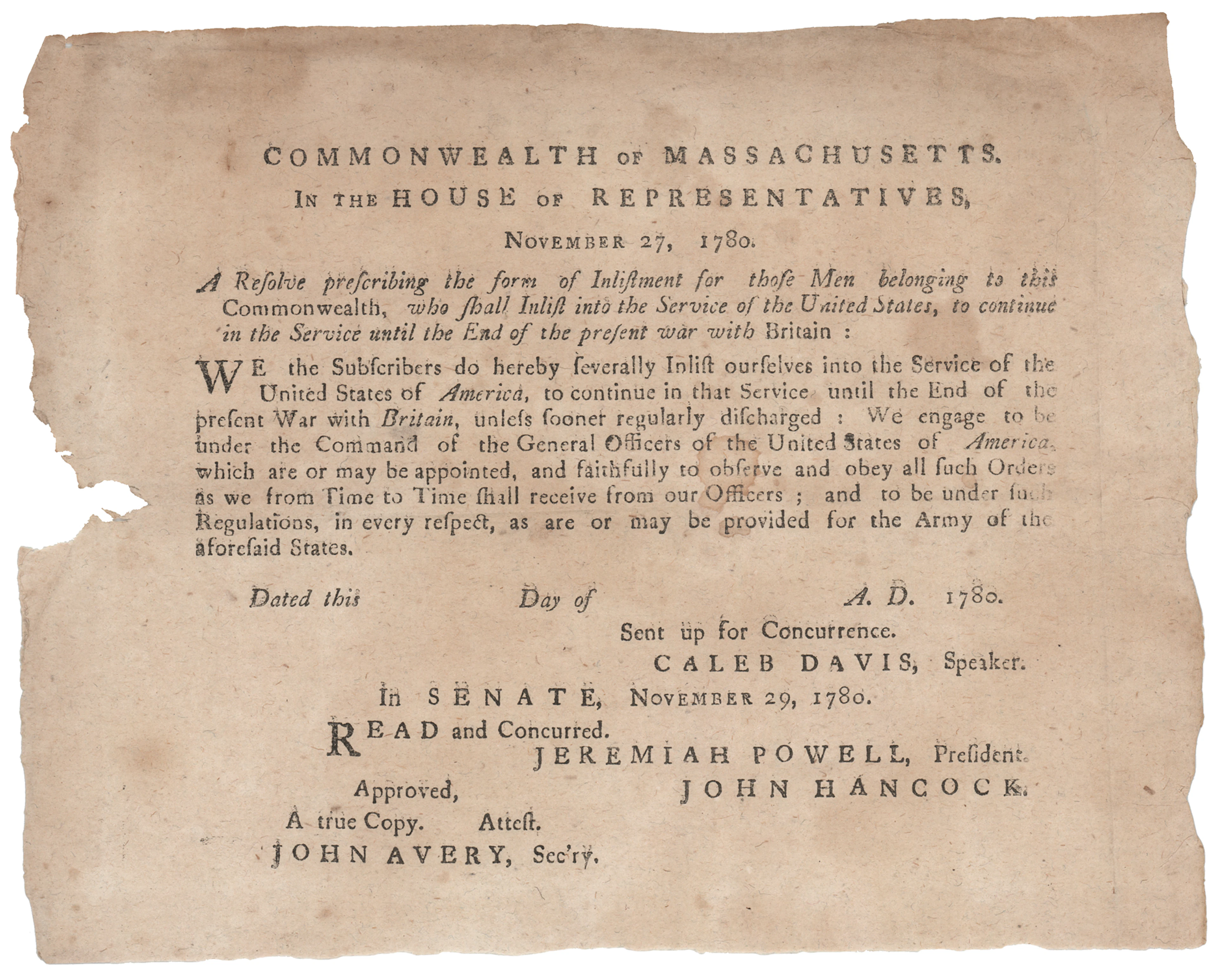 John Hancock: Massachusetts Enlistment Broadside Vowing Service “Until