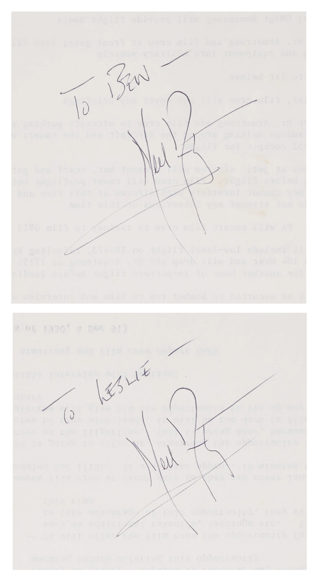 Neil Armstrong Twice-Signed Itinerary for First Flights Filming at