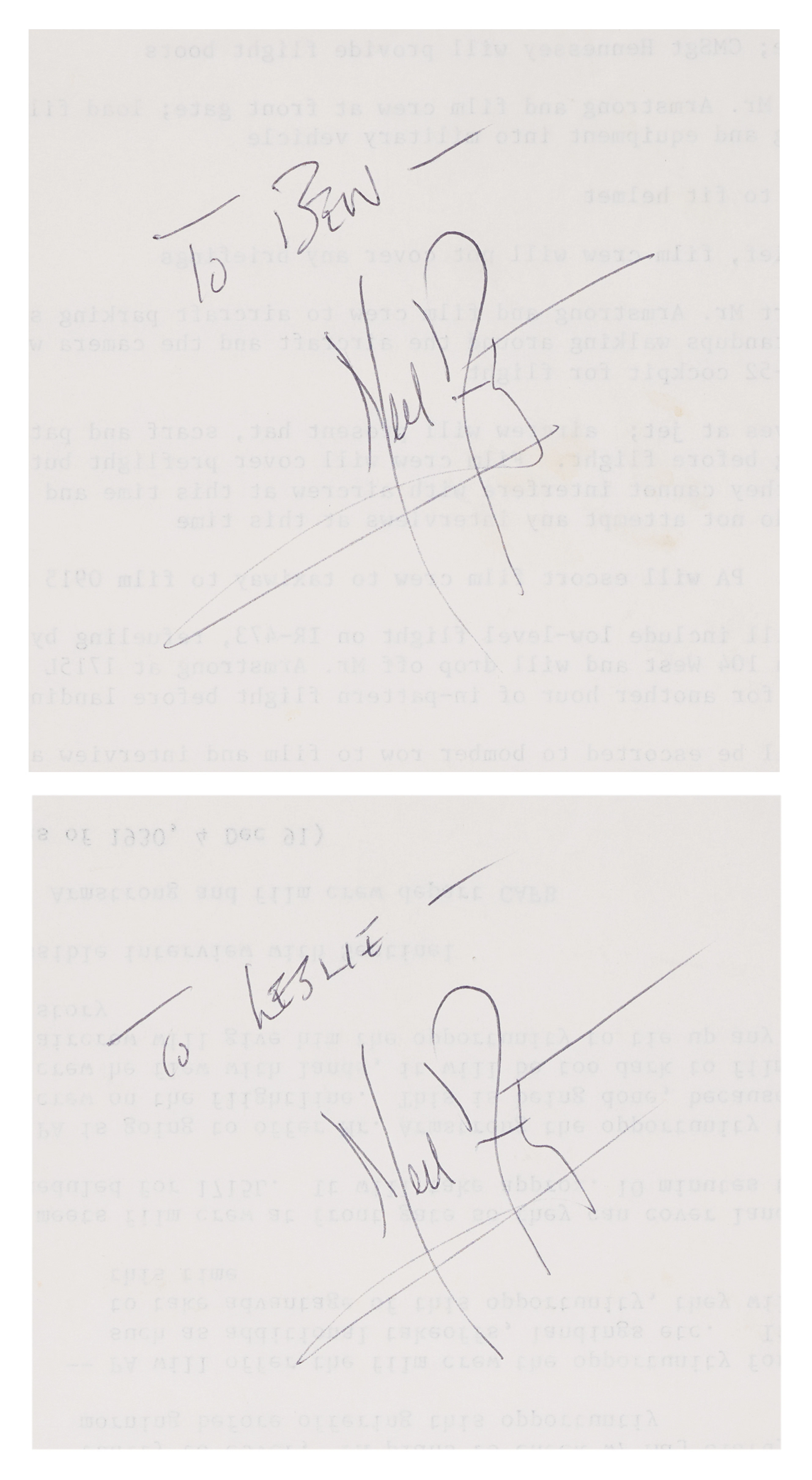 Neil Armstrong Twice-Signed Itinerary for First Flights Filming at